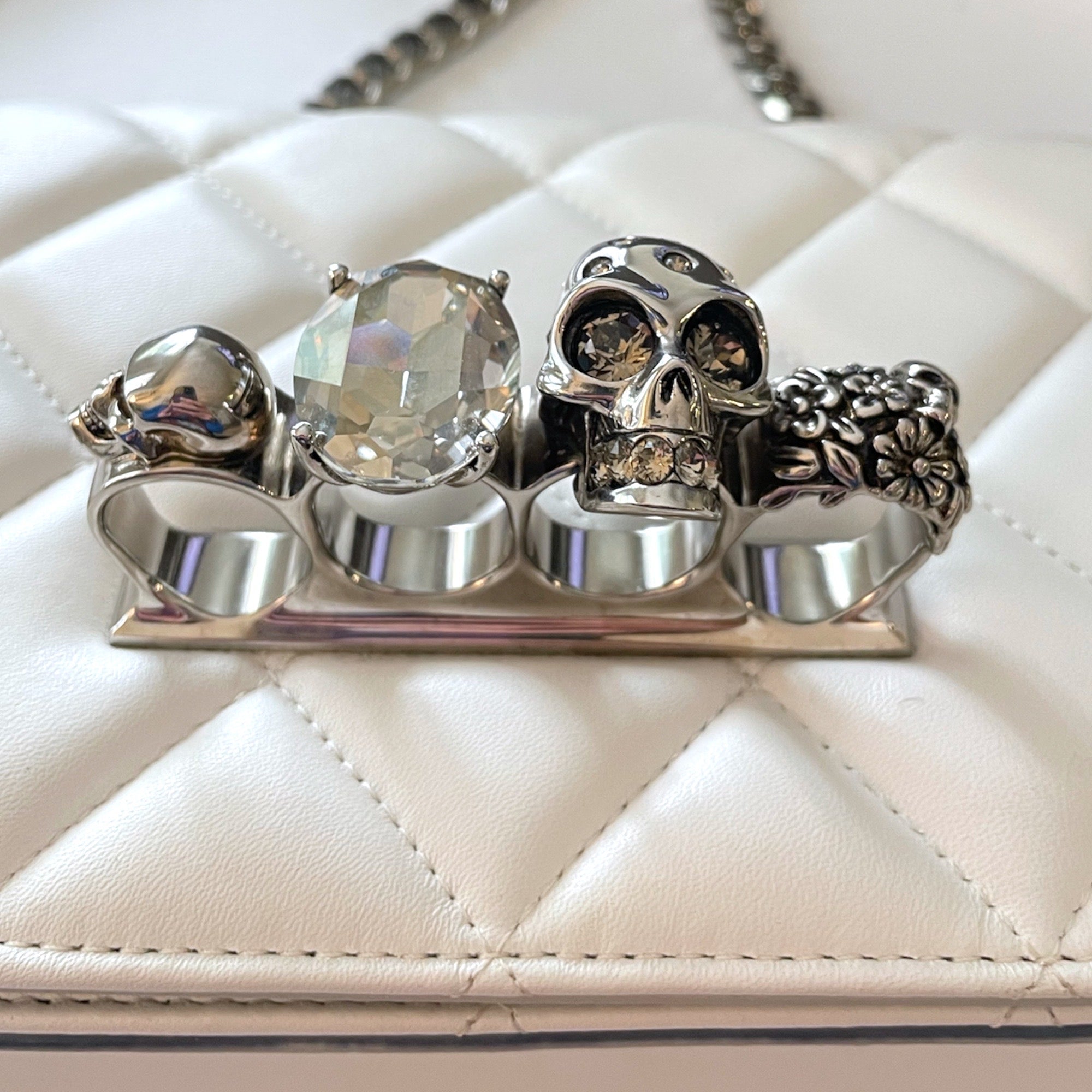 ALEXANDER MCQUEEN White Quilted Leather Jeweled Knuckle Shoulder Bag
