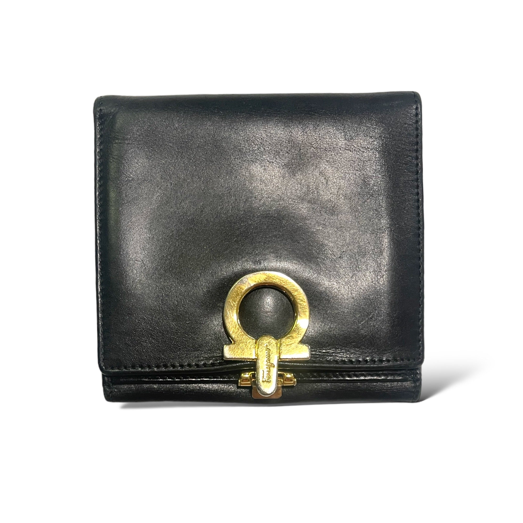 SALVATORE FERRAGAMO Vintage Leather Bi-Fold Wallet with Gold Logo Clasp