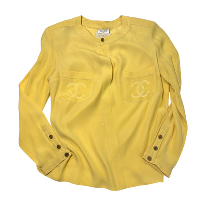 Chanel Silk CC Logo Canary Yellow Blouse CC Gold Tone Button Detail - main product photo