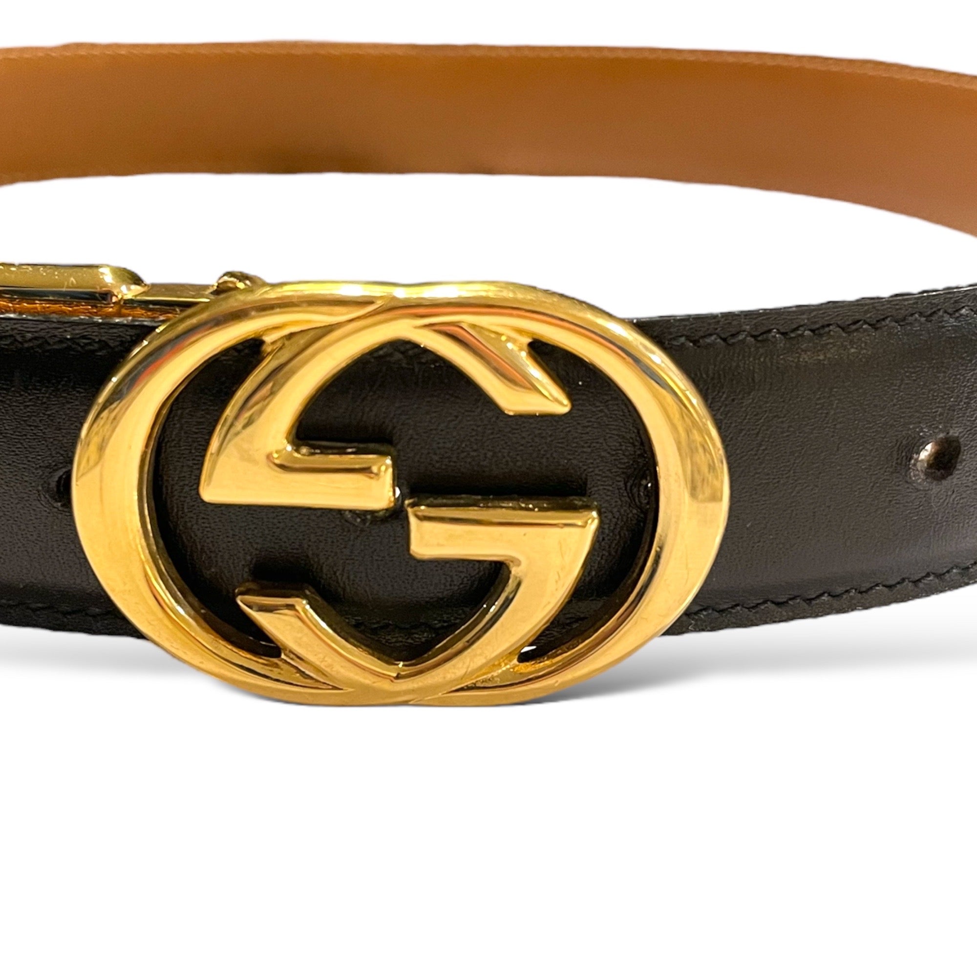 GUCCI Vintage Gold-Tone GG Logo Buckle Reversible Leather Belt