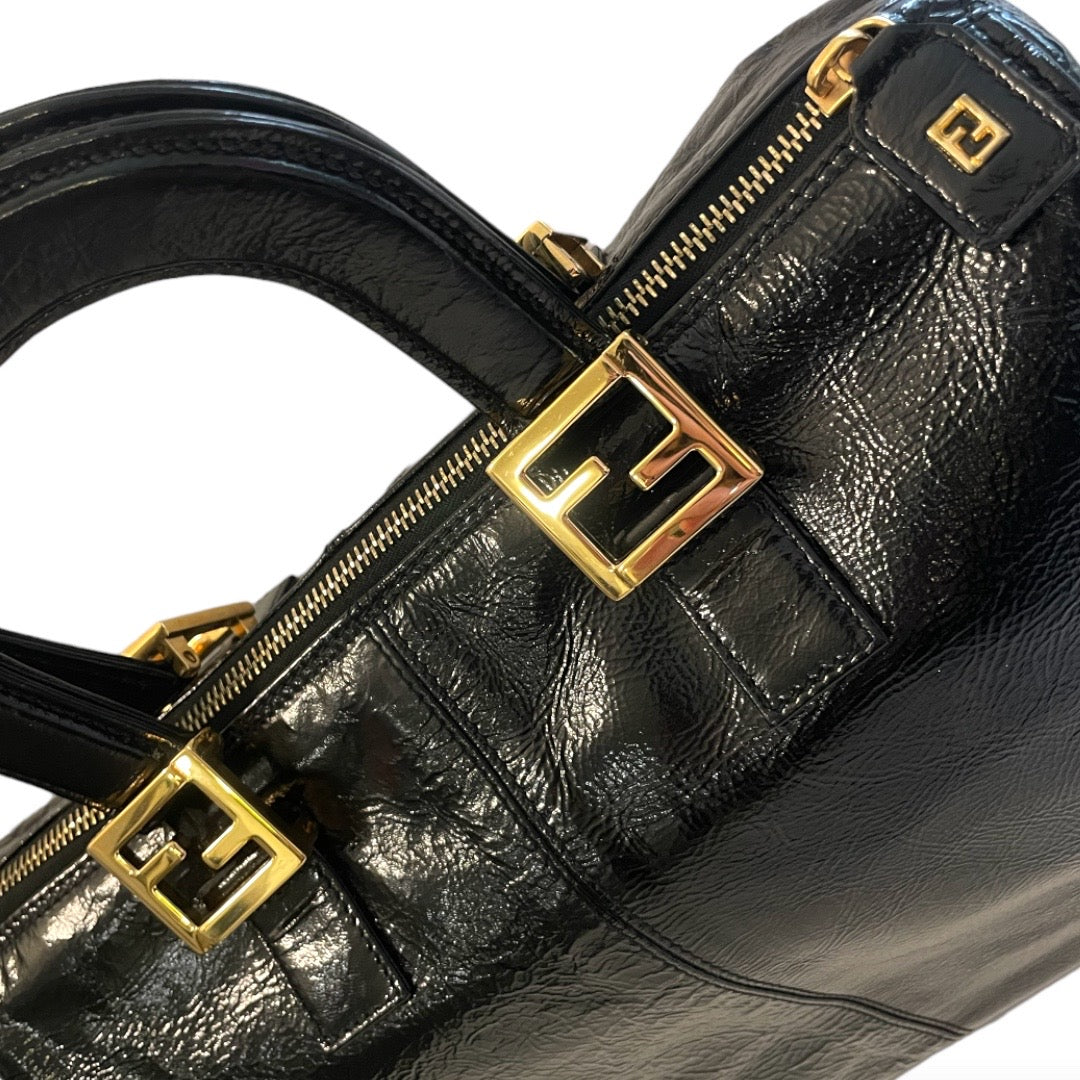 FENDI Vintage STUNNING Black Leather Small Twin Tote with Gold Hardware