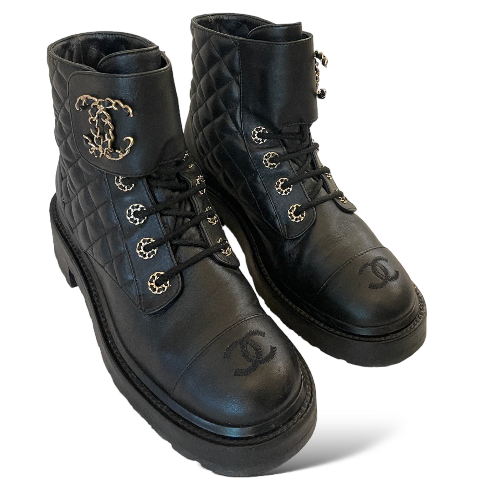 CHANEL Fall 2021 Black Lambskin Lace-Up Boots
|Size: 38|