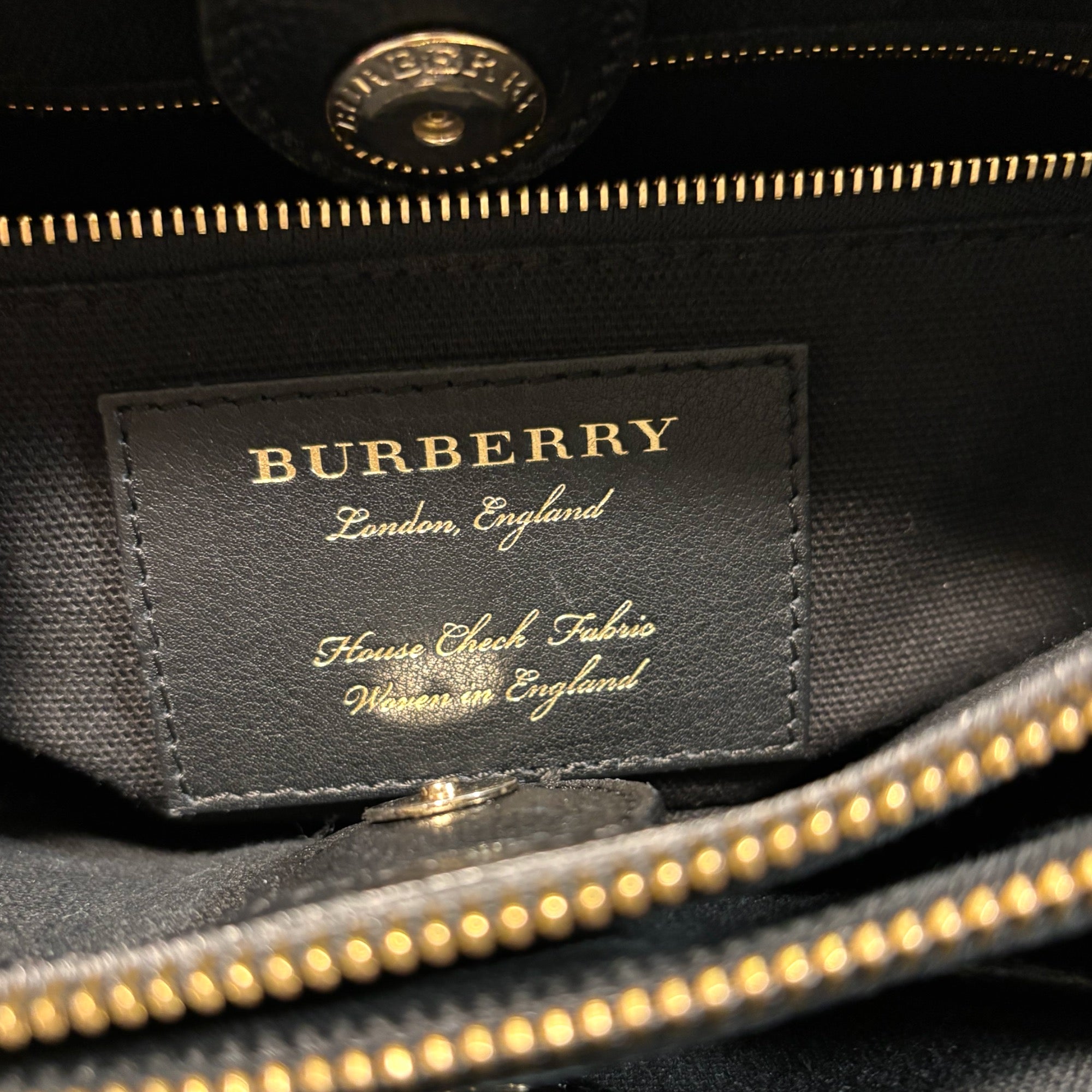 Burberry London England Women's Medium Black Leather And House Check Print Banner Tote Bag