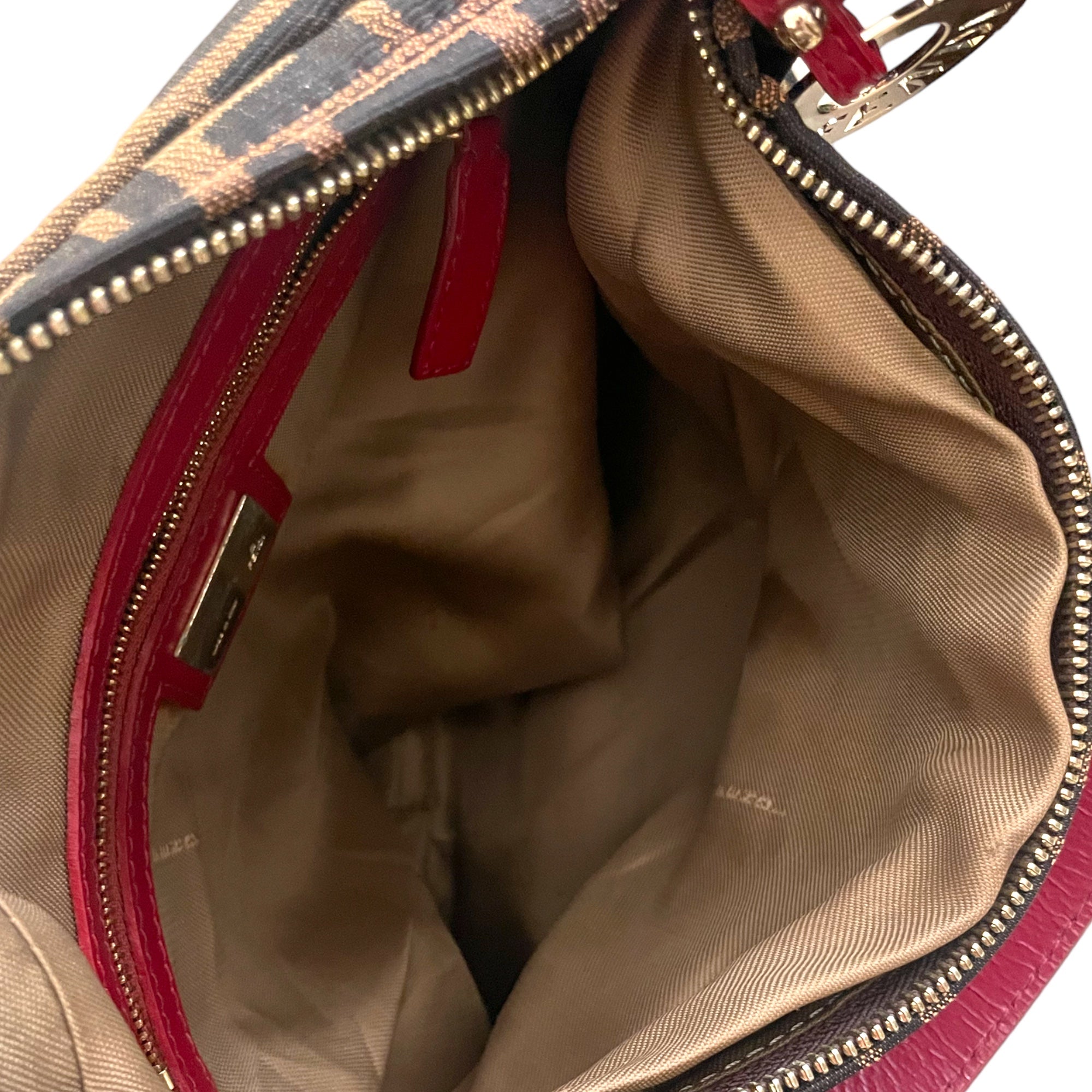 FENDI Zucca Red leather Shoulder Strap w/ Fendi Cutout Logo Circle zip pull bag