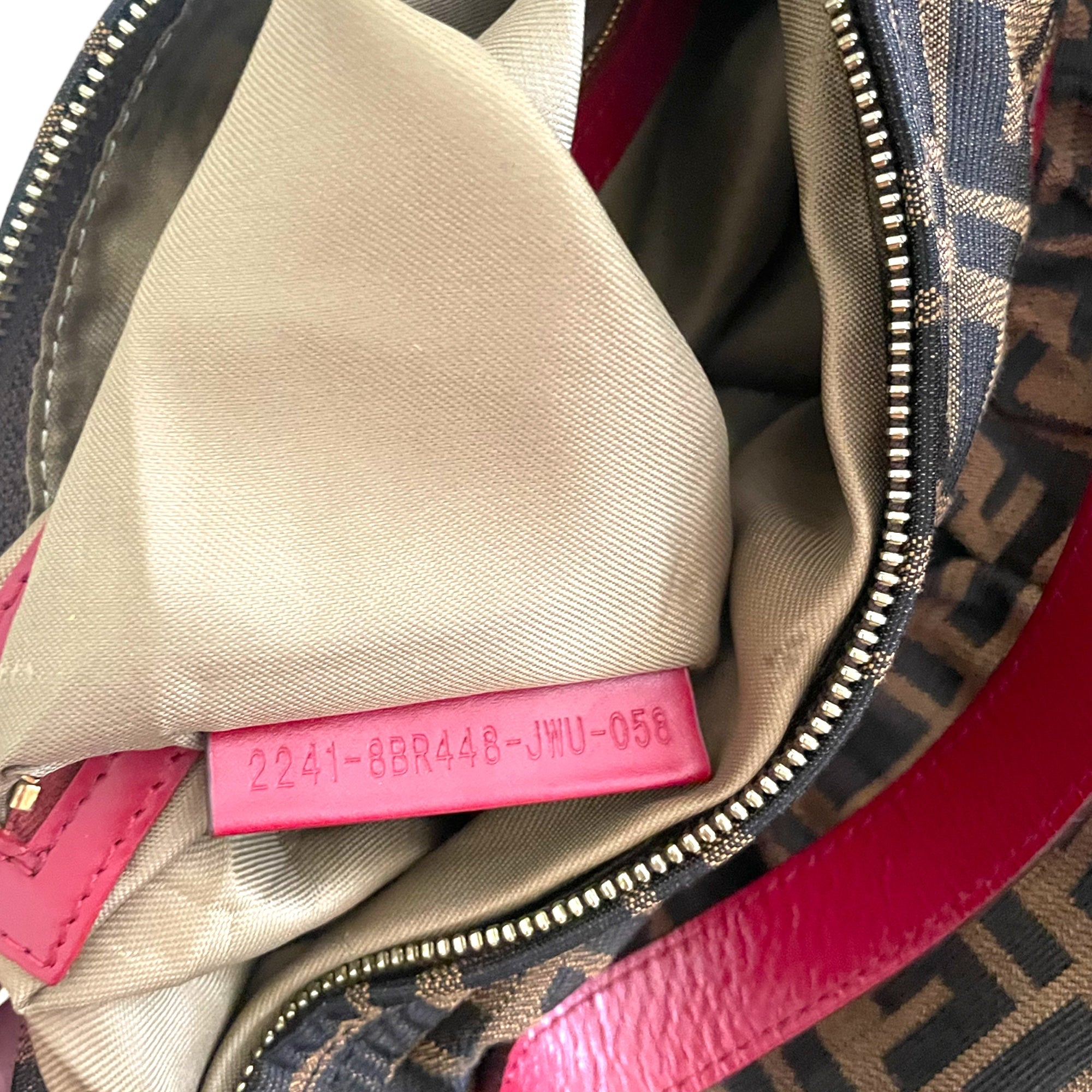 FENDI Zucca Red leather Shoulder Strap w/ Fendi Cutout Logo Circle zip pull bag