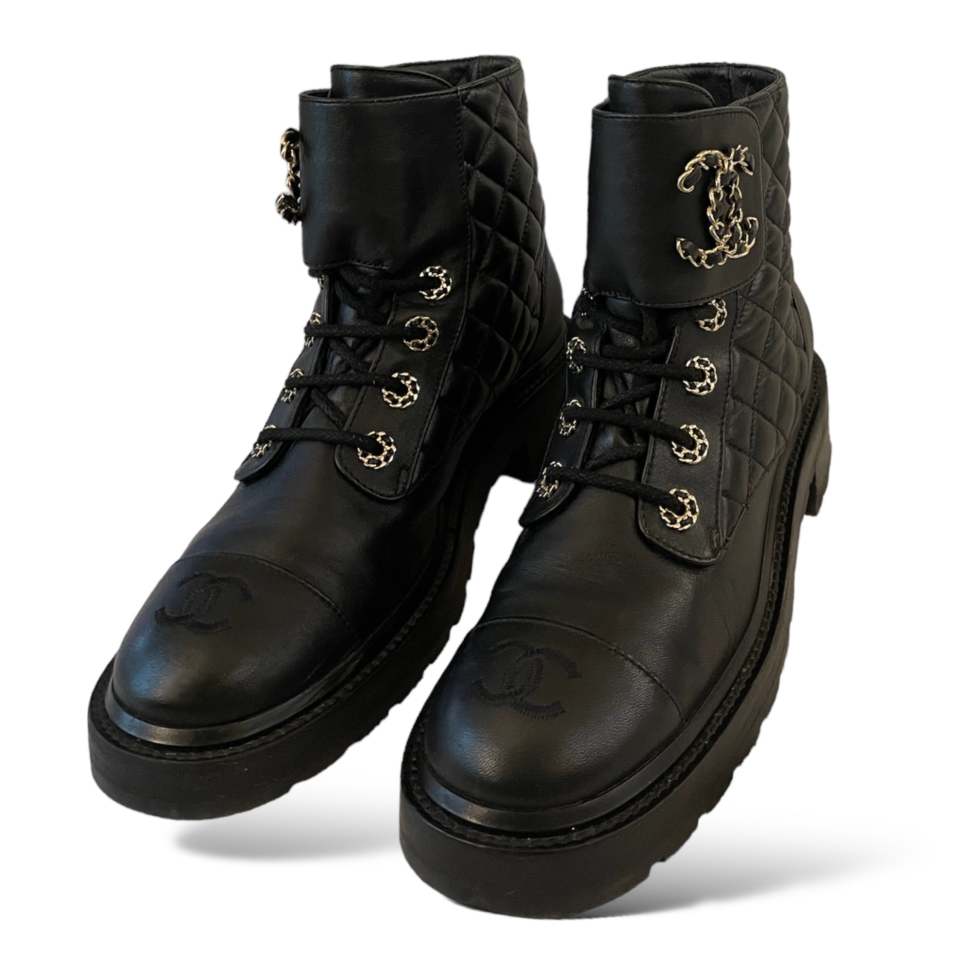 CHANEL Fall 2021 Black Lambskin Lace-Up Boots
|Size: 38|