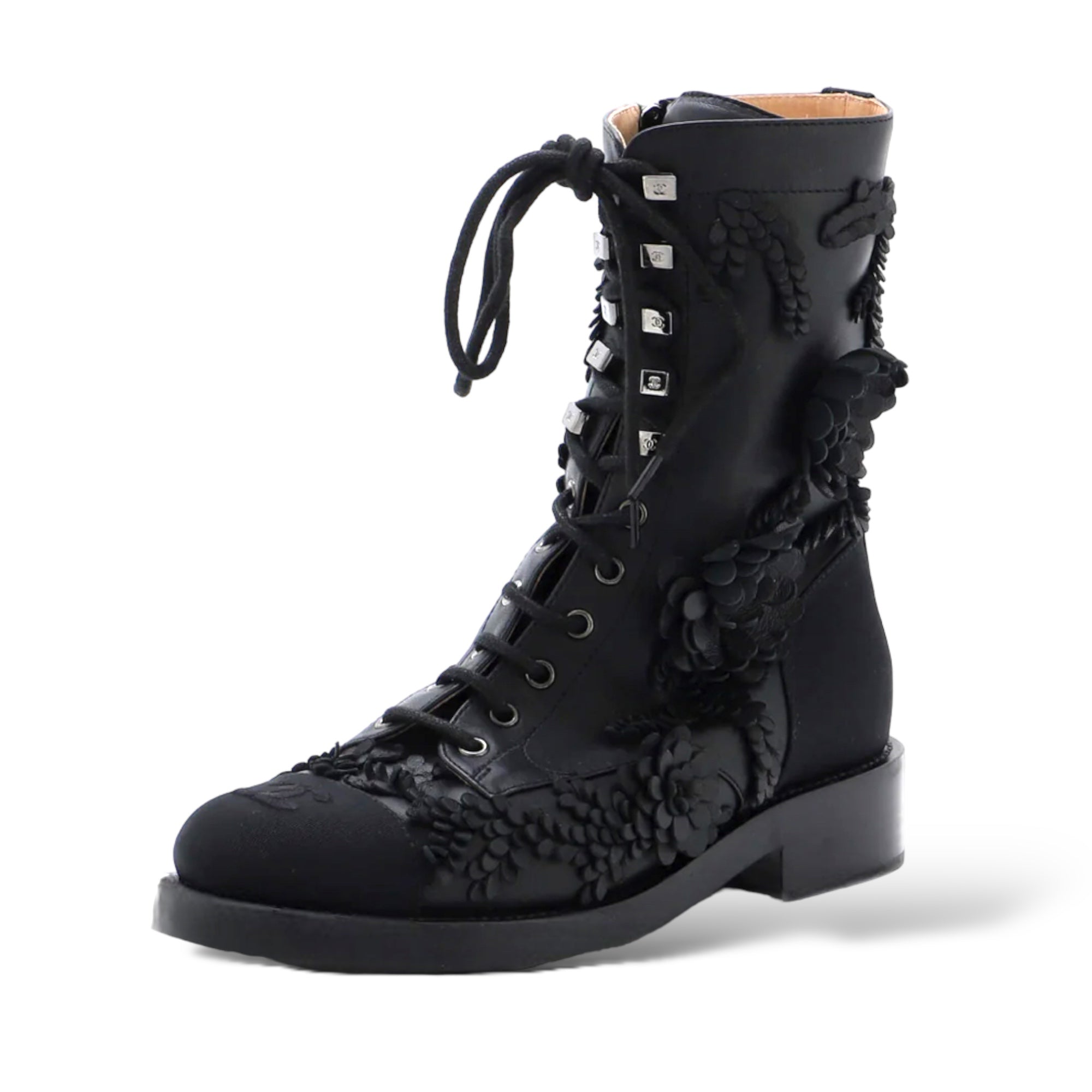 CHANEL Women’s Camellia CC Cap Toe Combat Boots Embellished with Leather Accents | US(W) 8 | IT 38 |