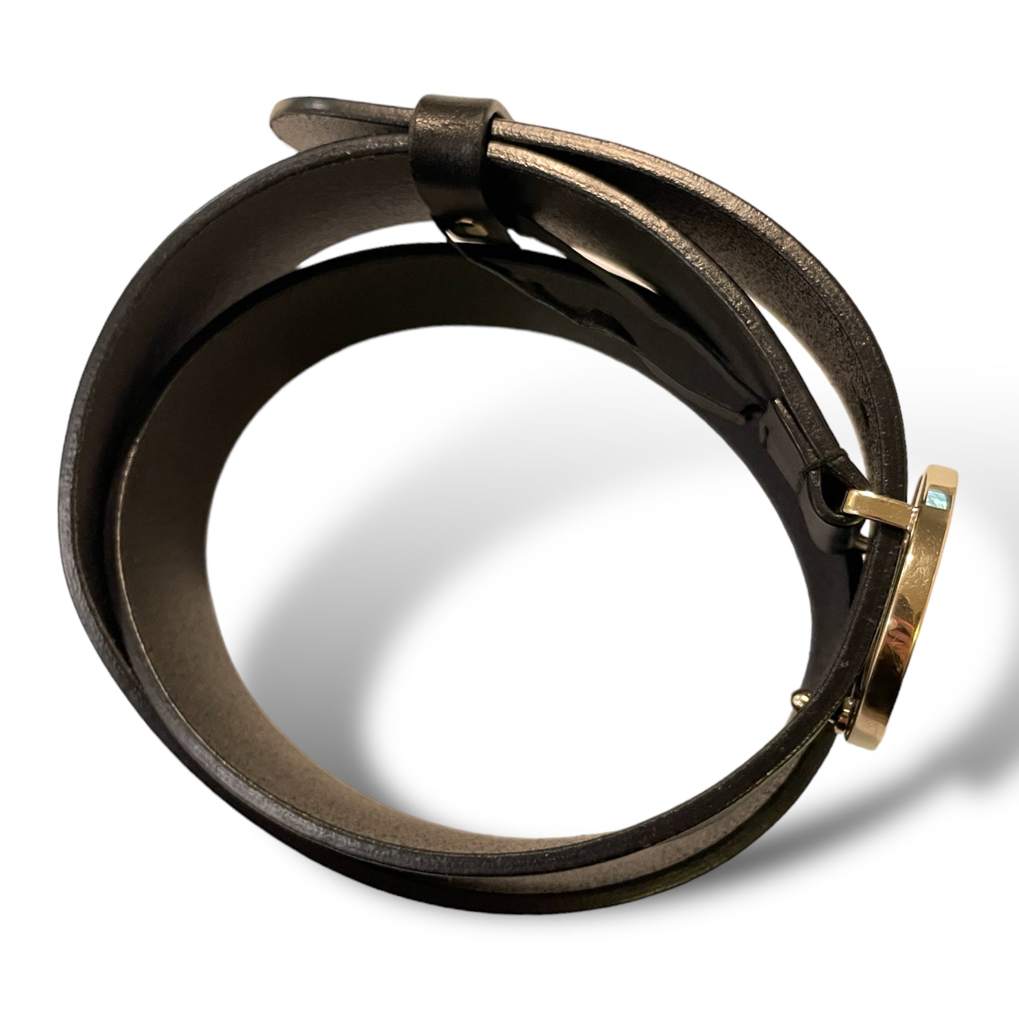 GUCCI Womens Champagne Gold G Buckle Black Leather Belt |Size:32”|