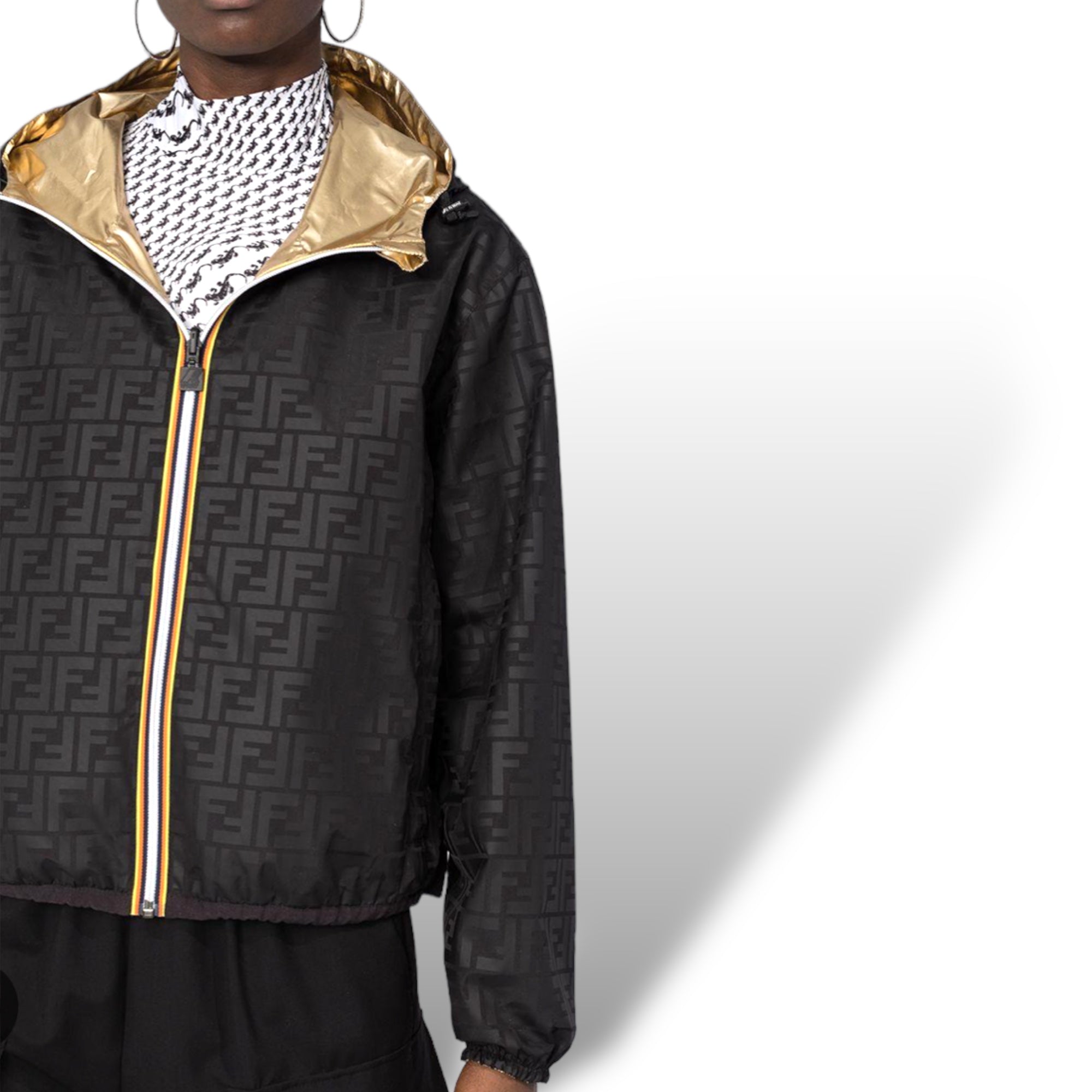 Fendi x K-Way Gold-Tone/Black Zucca Printed Reversible Nylon Windbreaker |Size: MENS XS|