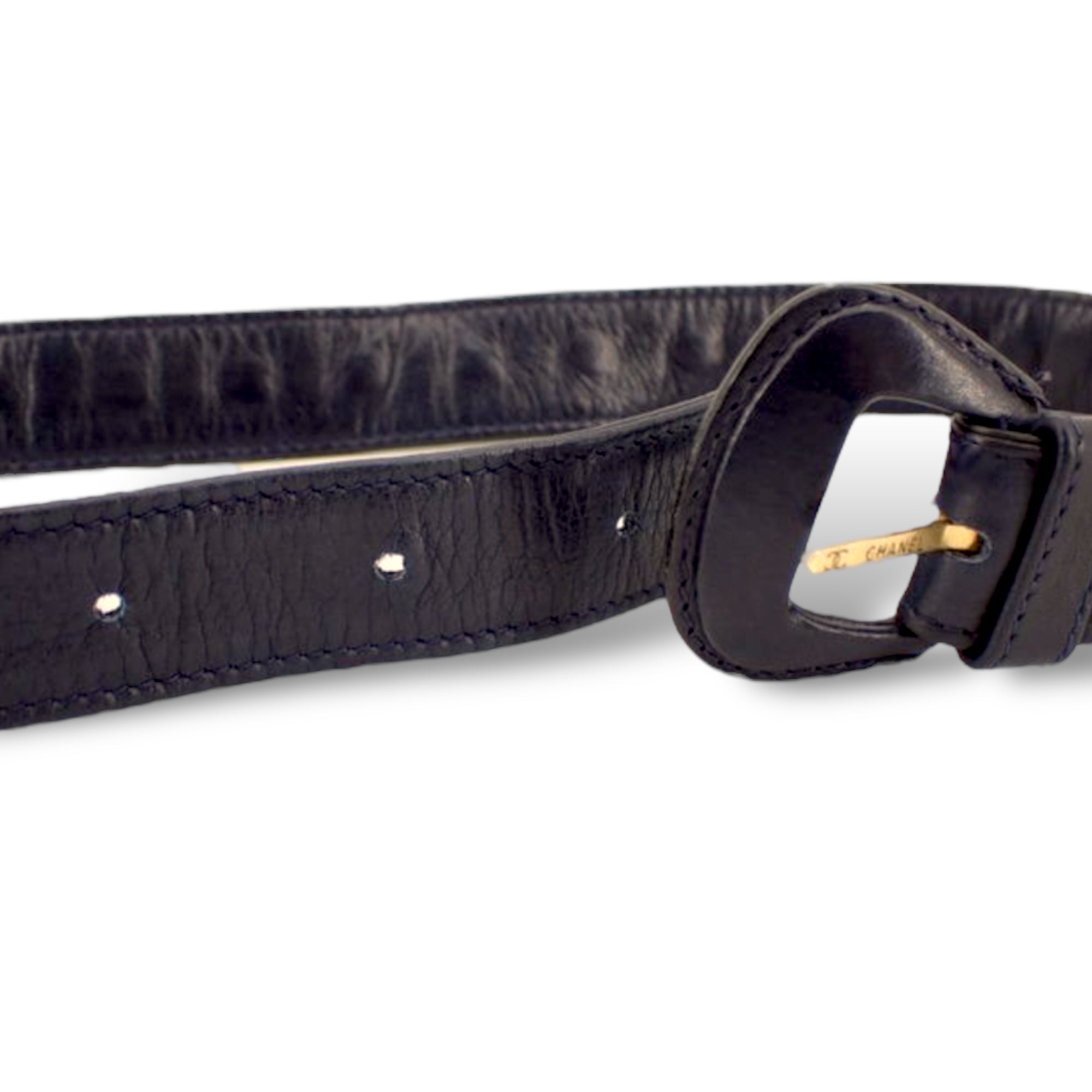 CHANEL Gold Plated Chainlink Motif Vintage Belt in Dark Navy Blue Leather |Size: 65/26|