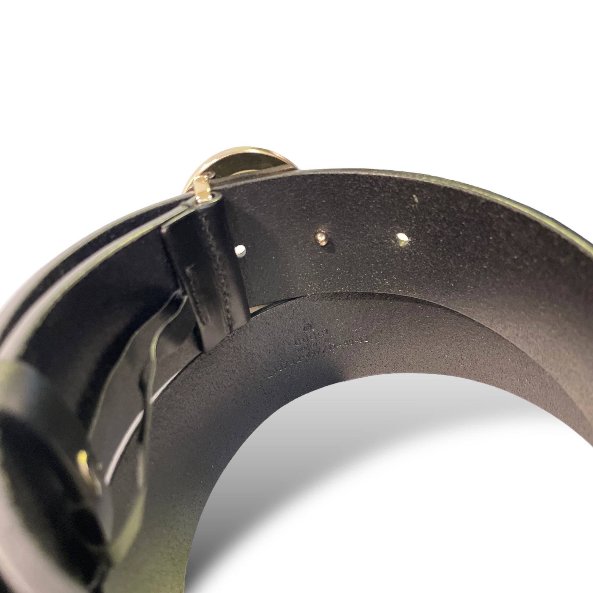 GUCCI Womens Champagne Gold G Buckle Black Leather Belt |Size:32”|