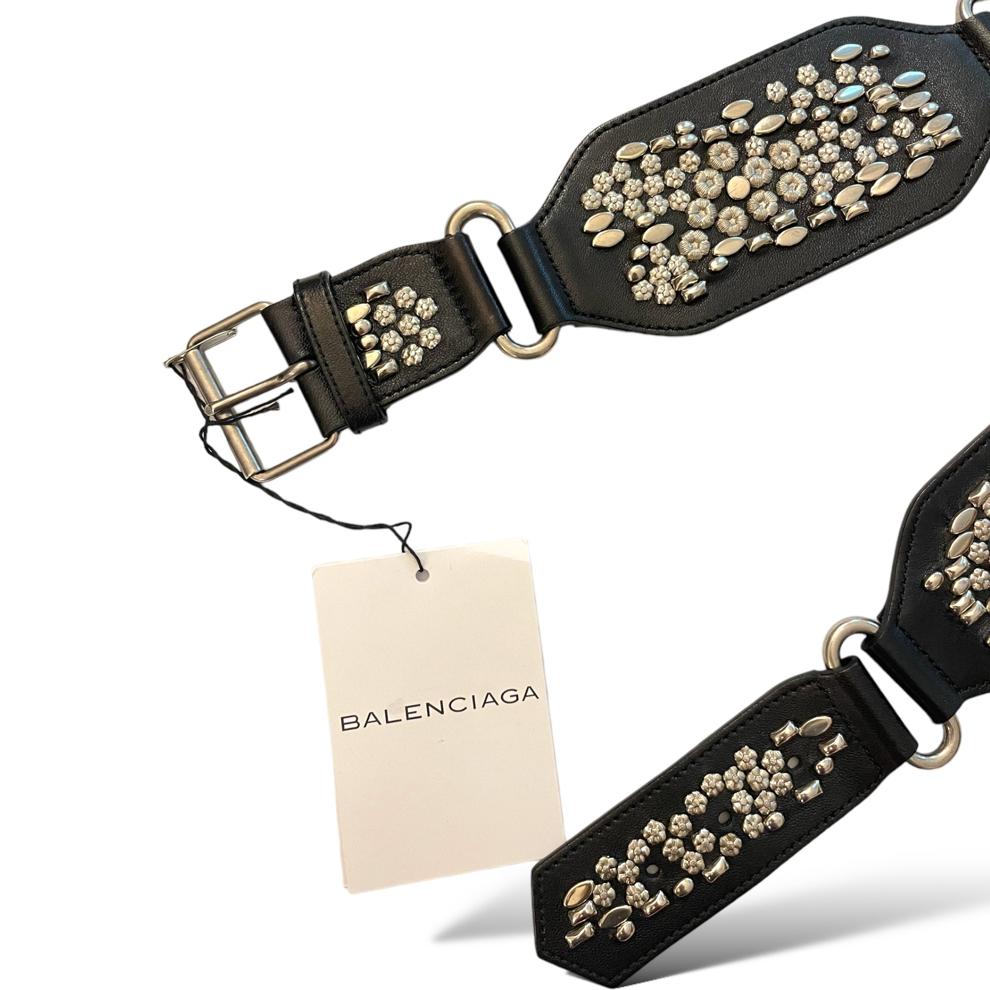 BALENCIAGA PARIS Black Leather Belt with Silver Grommet Accents |SIZE: 85/34|