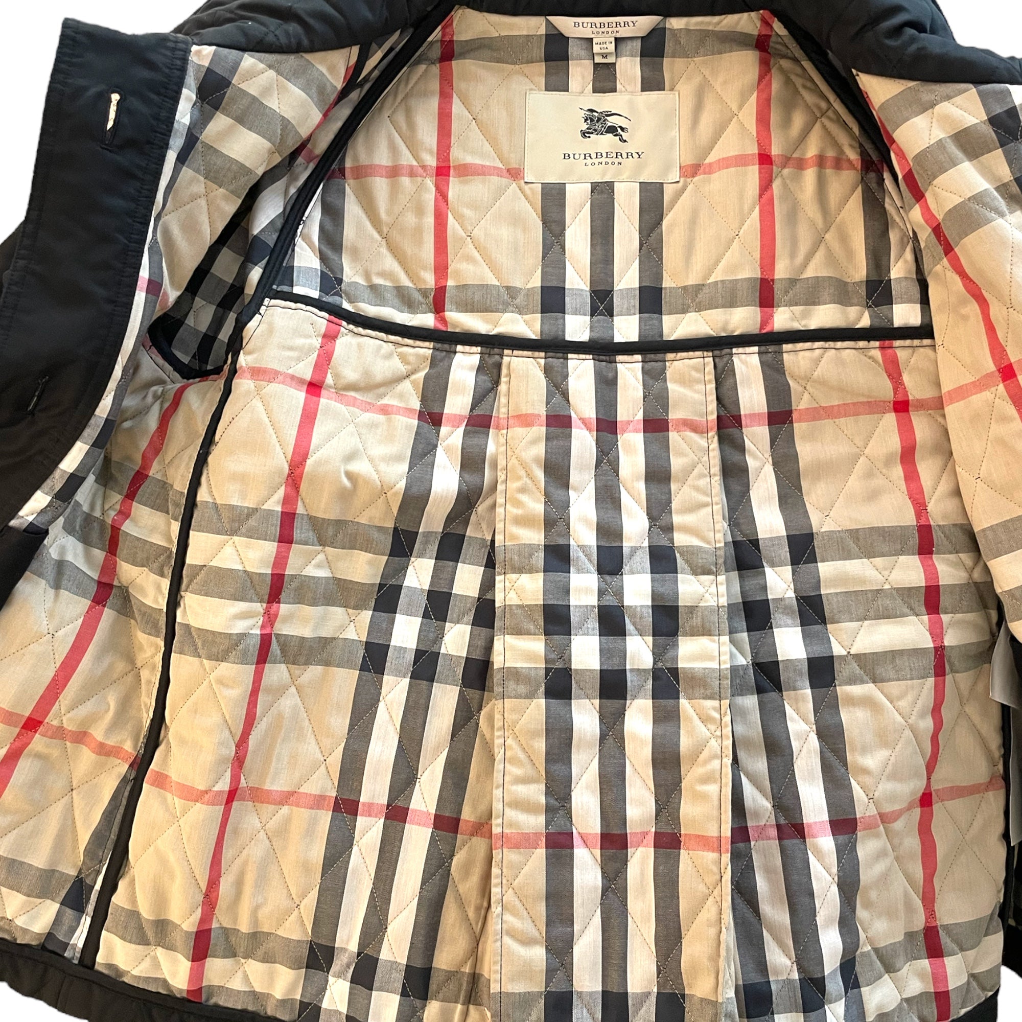 BURBERRY LONDON Black Quilted Check Lined Swing Coat |Size: M|