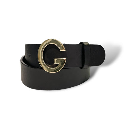 Gucci Womens Champagne Gold G Buckle Black Leather Belt - main product photo