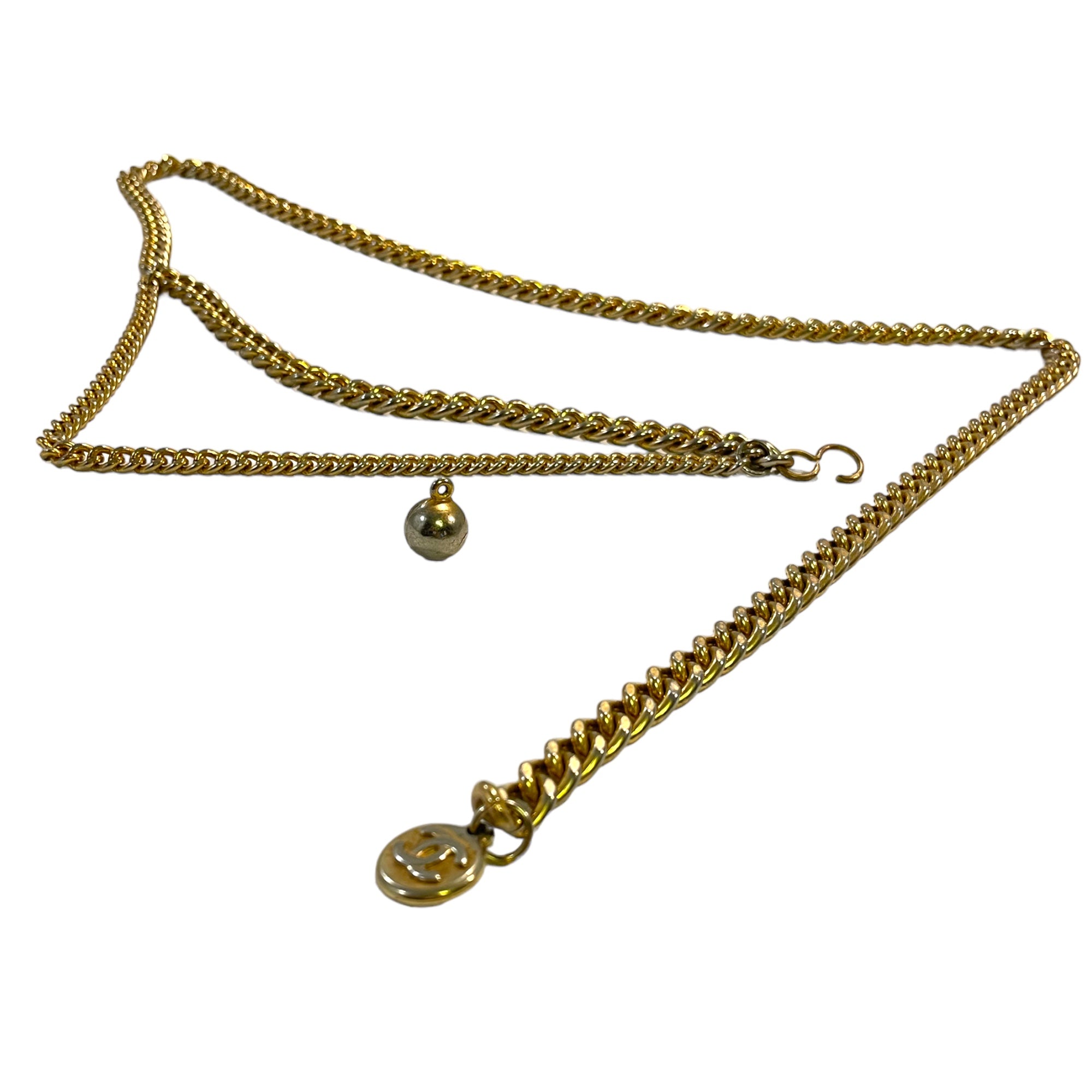 Vintage Brass Cuban Chainlink Belt with Solid Sphere Pendant & Vintage Authentic Chanel Pendant