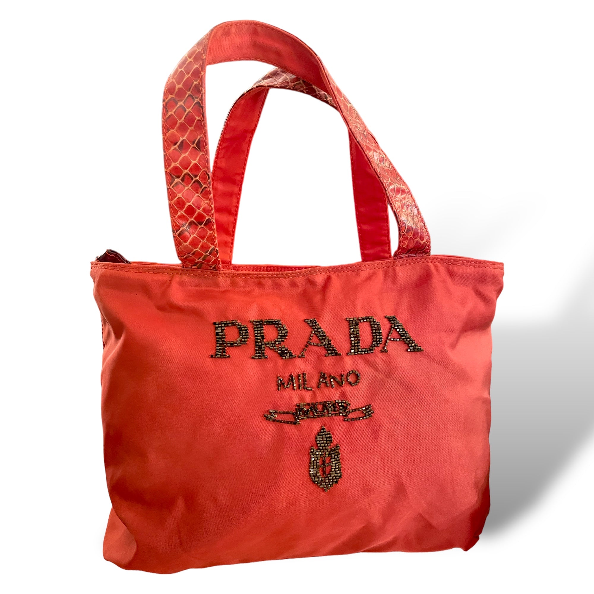 PRADA Tote with Python Handles and Beaded Front Logo