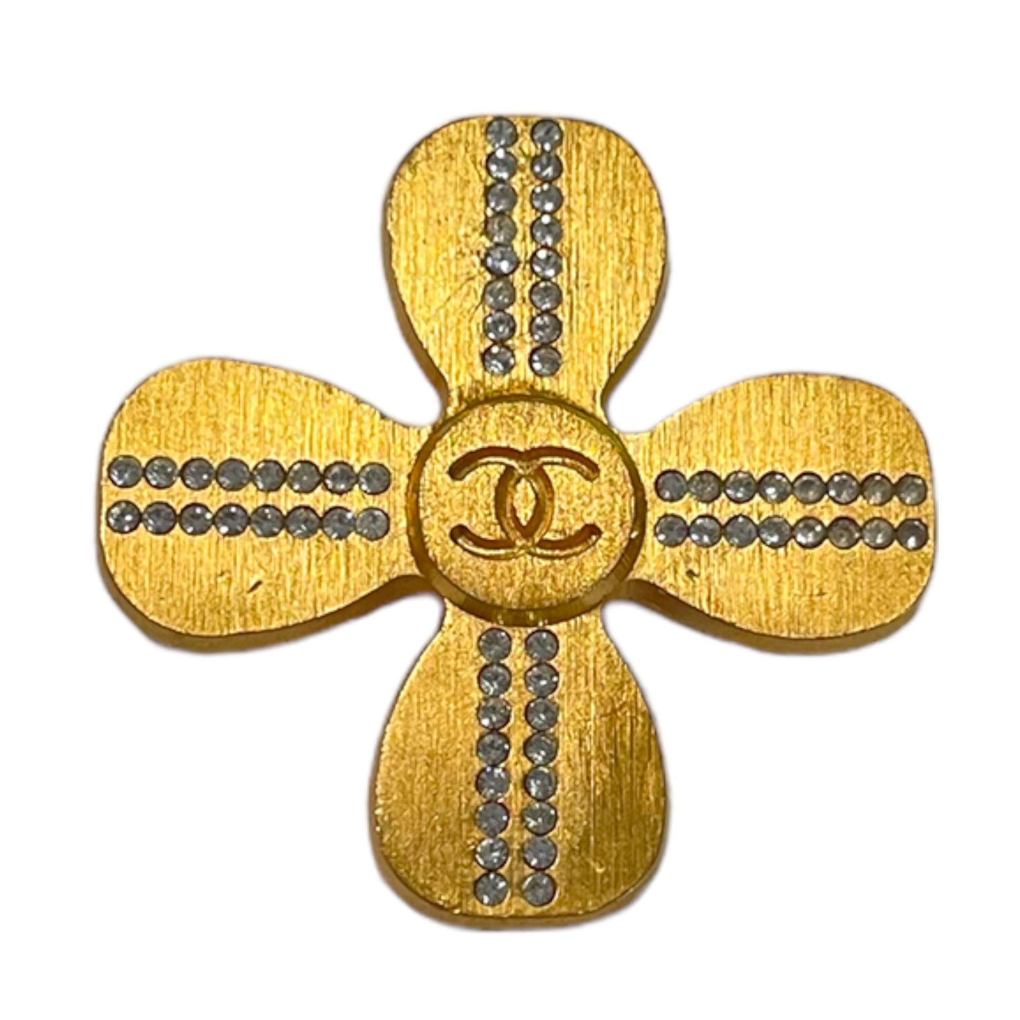 CHANEL Vintage Gold & Crystal CC Logo Clover 🍀 Brooch