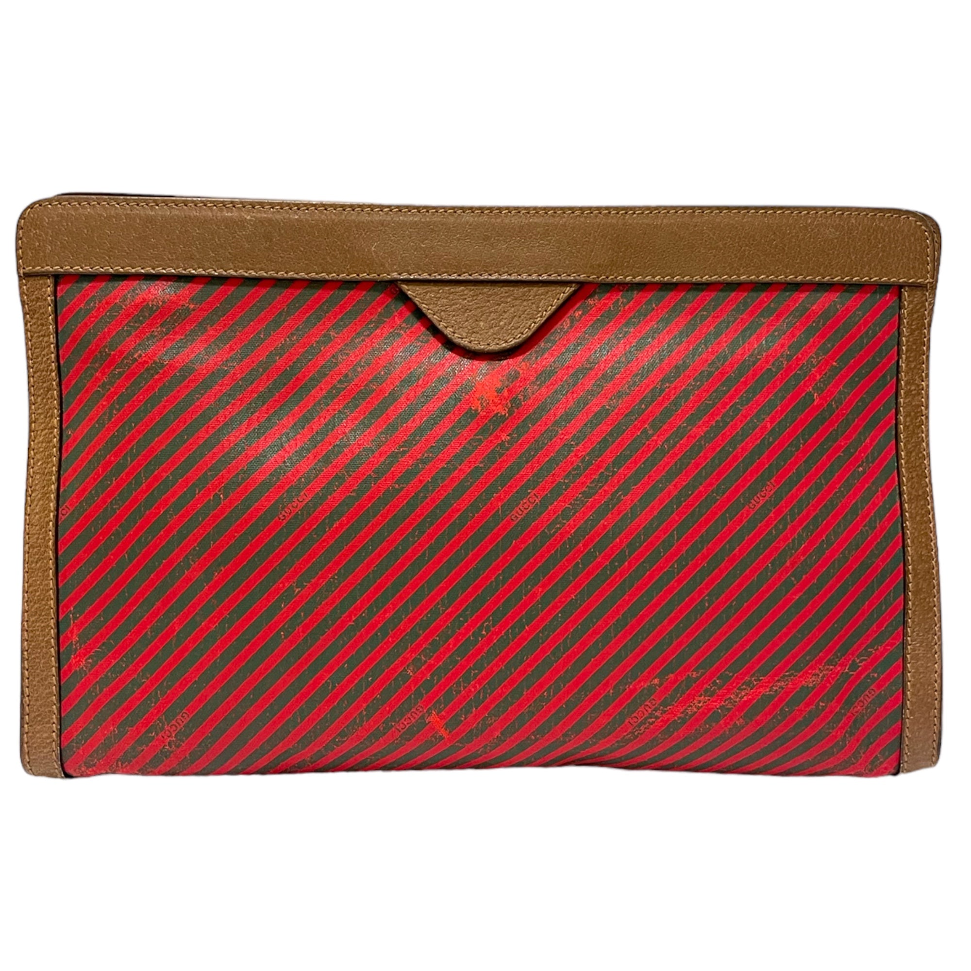 GUCCI Vintage Green & Red Classic Web Motif Print Pouch with Leather Trim