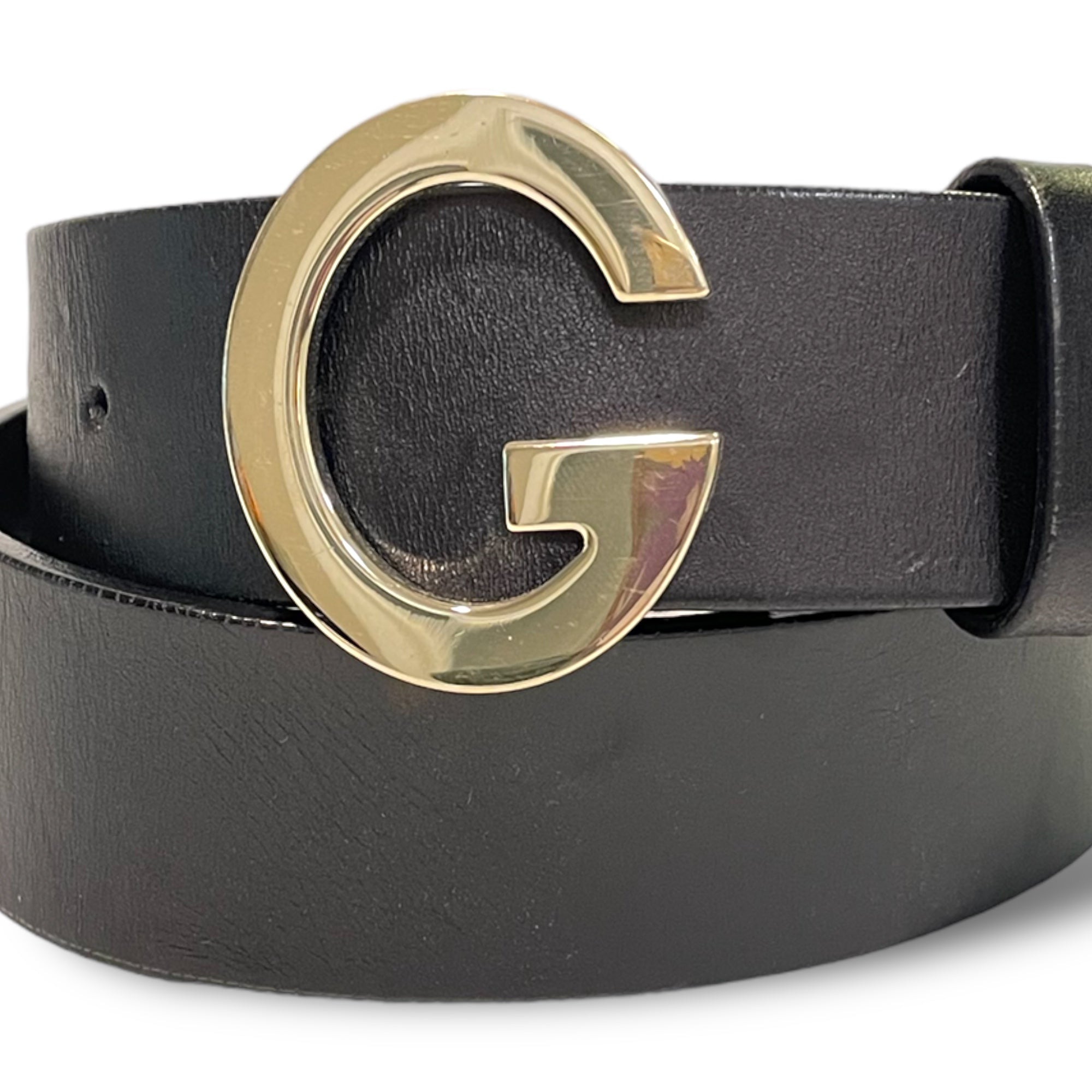 GUCCI Womens Champagne Gold G Buckle Black Leather Belt |Size:32”|