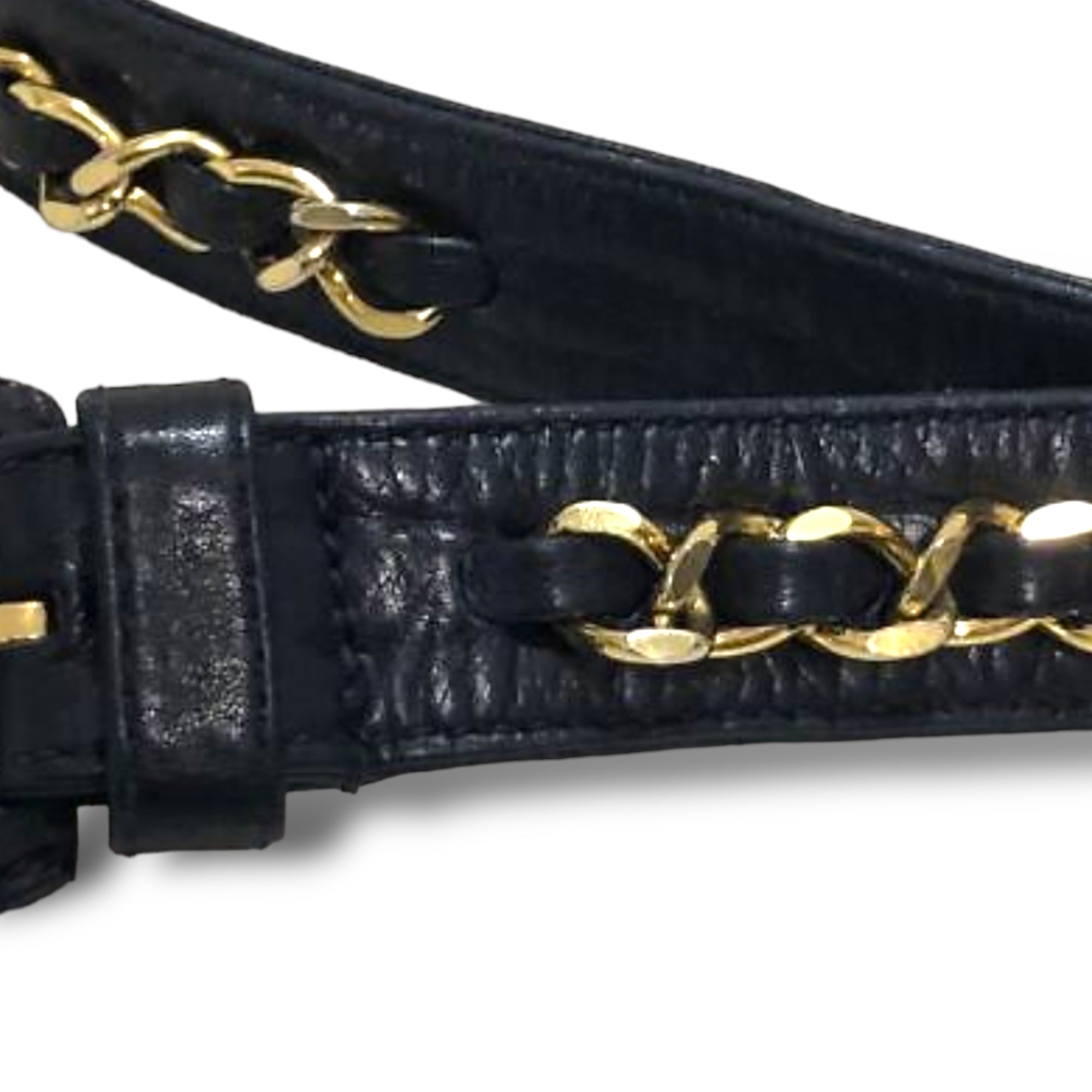 CHANEL Gold Plated Chainlink Motif Vintage Belt in Dark Navy Blue Leather |Size: 65/26|
