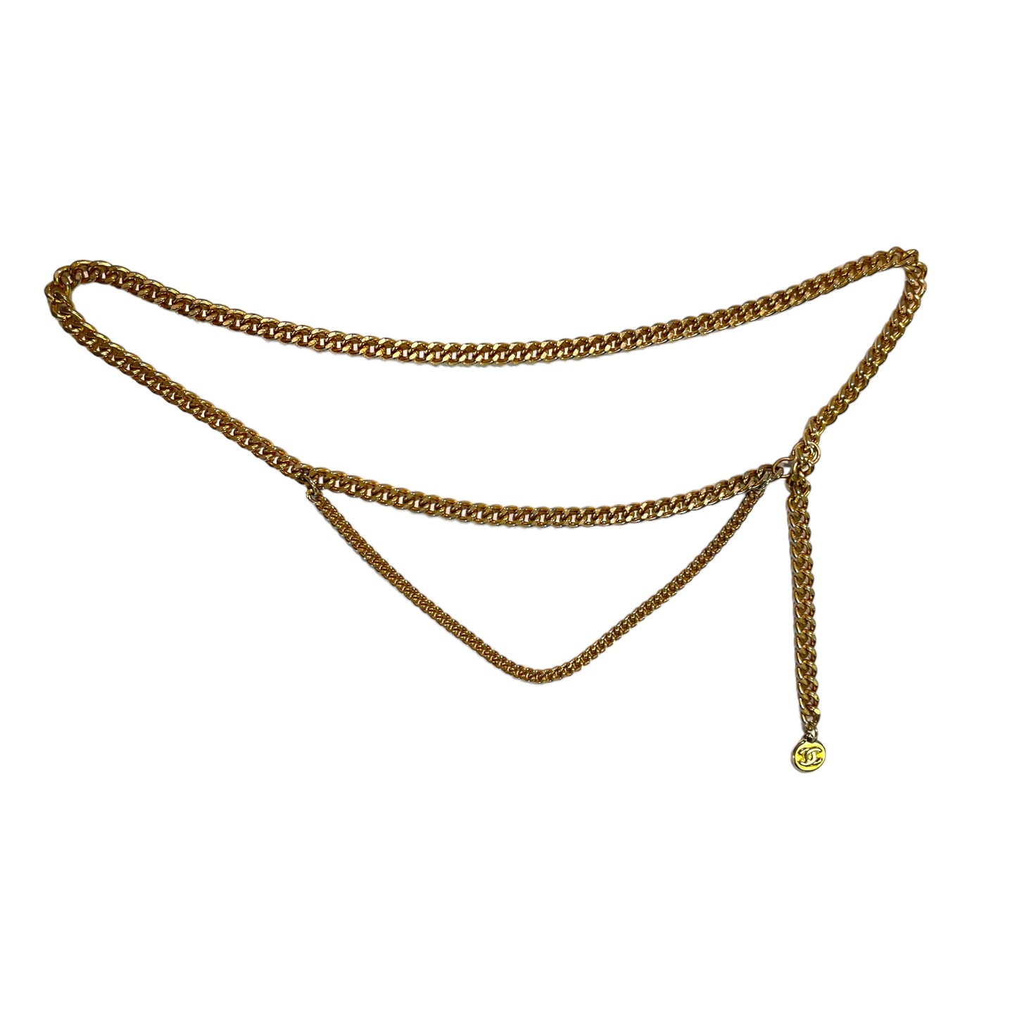 Vintage Brass Cuban Chainlink Belt with Solid Sphere Pendant & Vintage Authentic Chanel Pendant