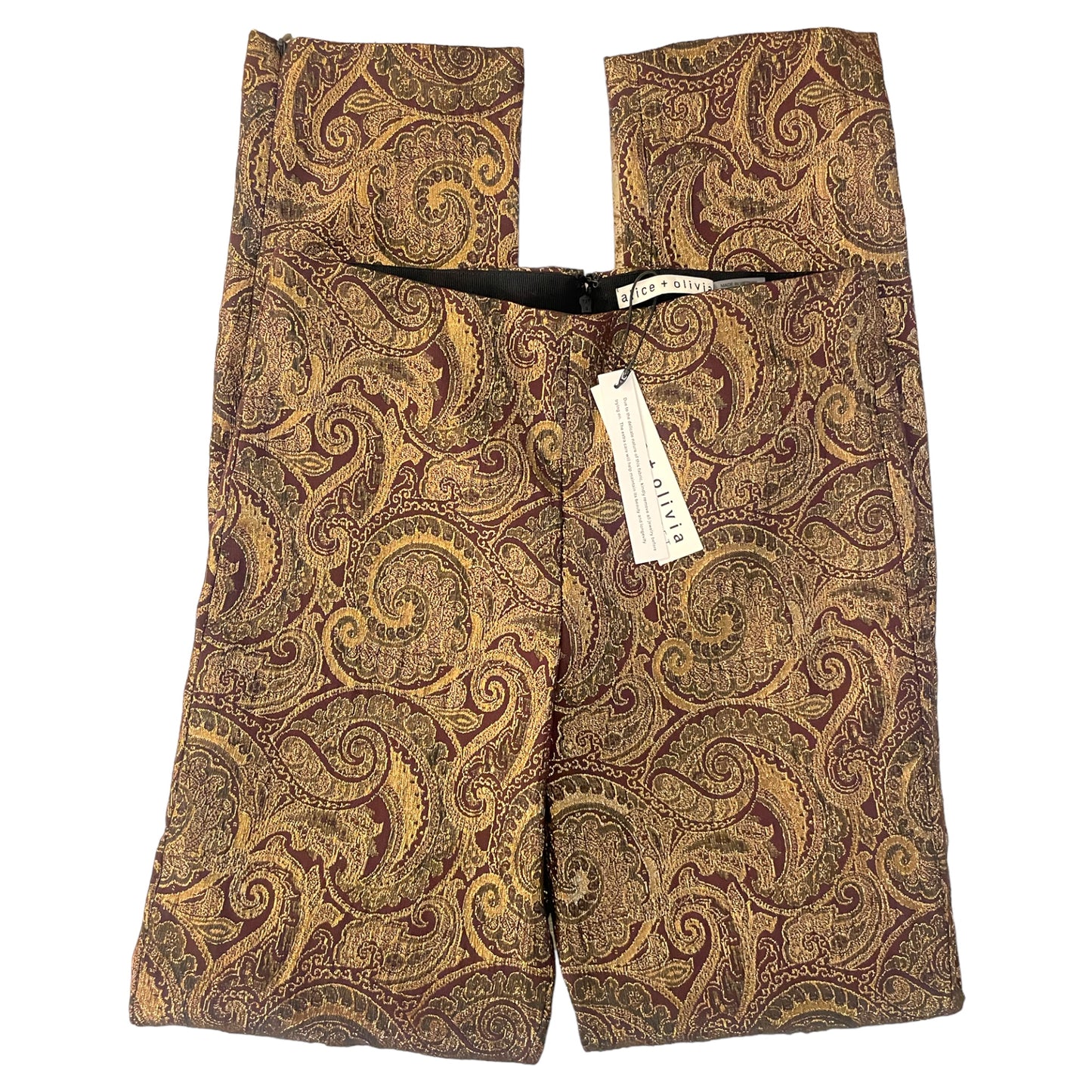 Alice + Olivia Gold Lamè Paisley Printed Straight Leg Pants |Size: 2|