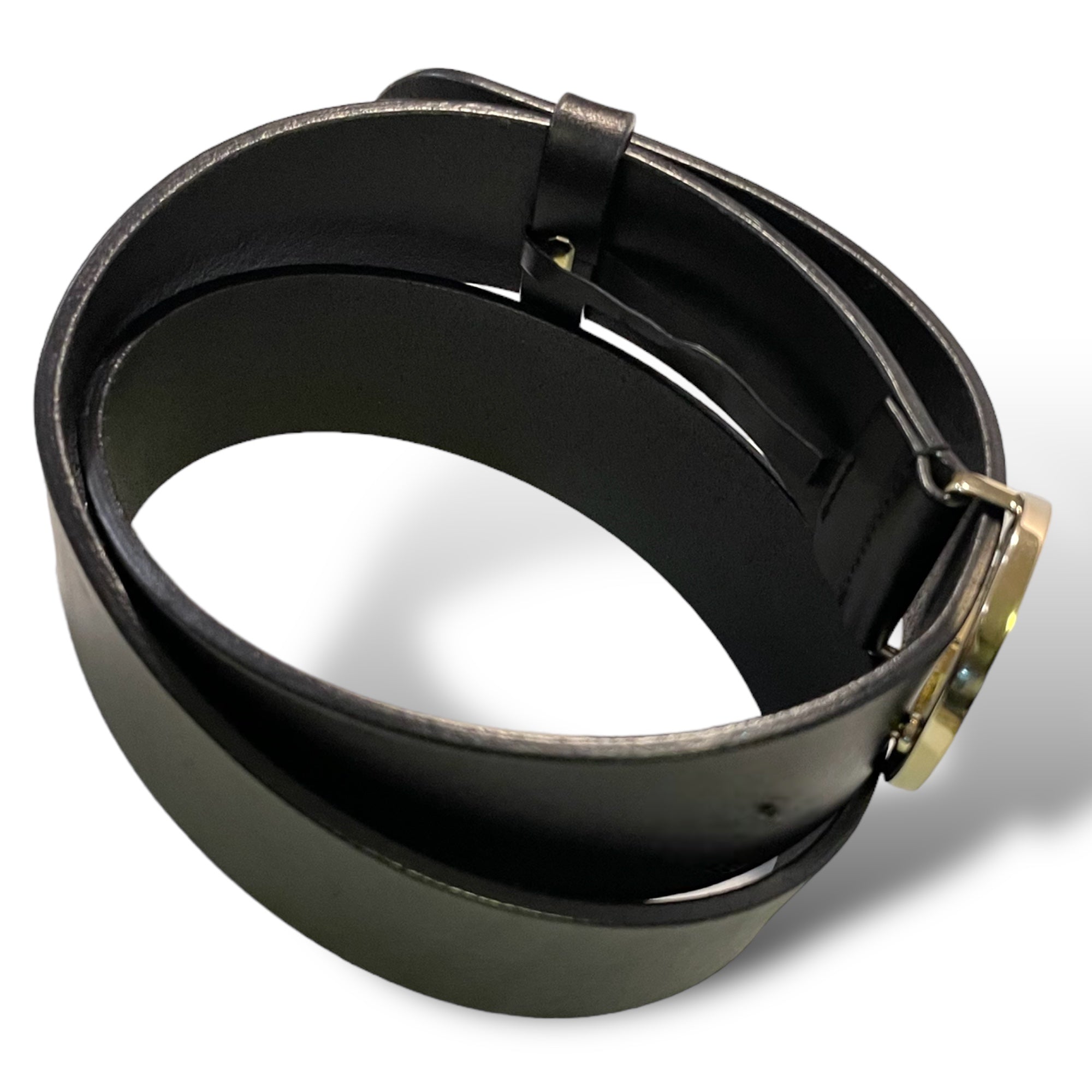 GUCCI Womens Champagne Gold G Buckle Black Leather Belt |Size:32”|