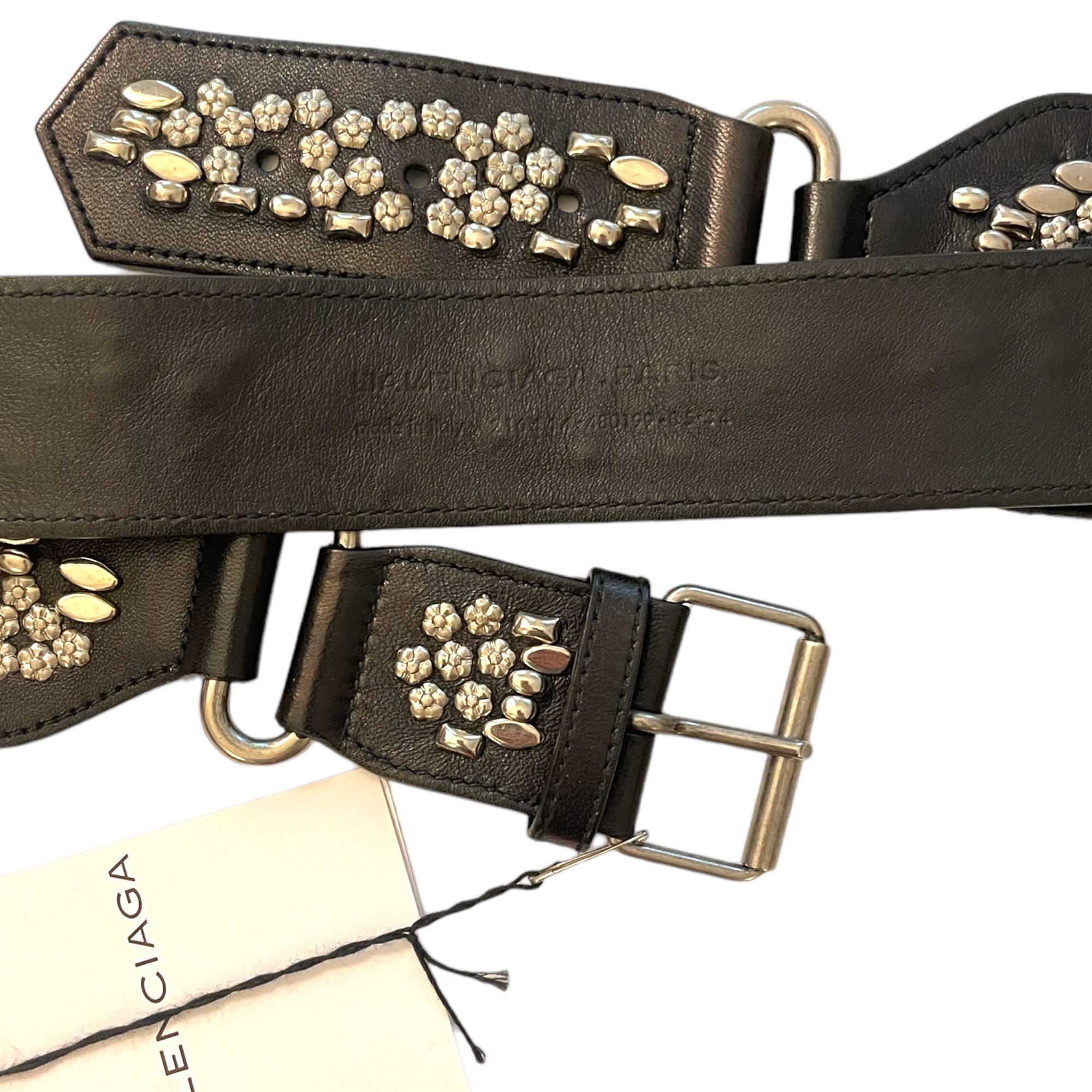 BALENCIAGA PARIS Black Leather Belt with Silver Grommet Accents |SIZE: 85/34|