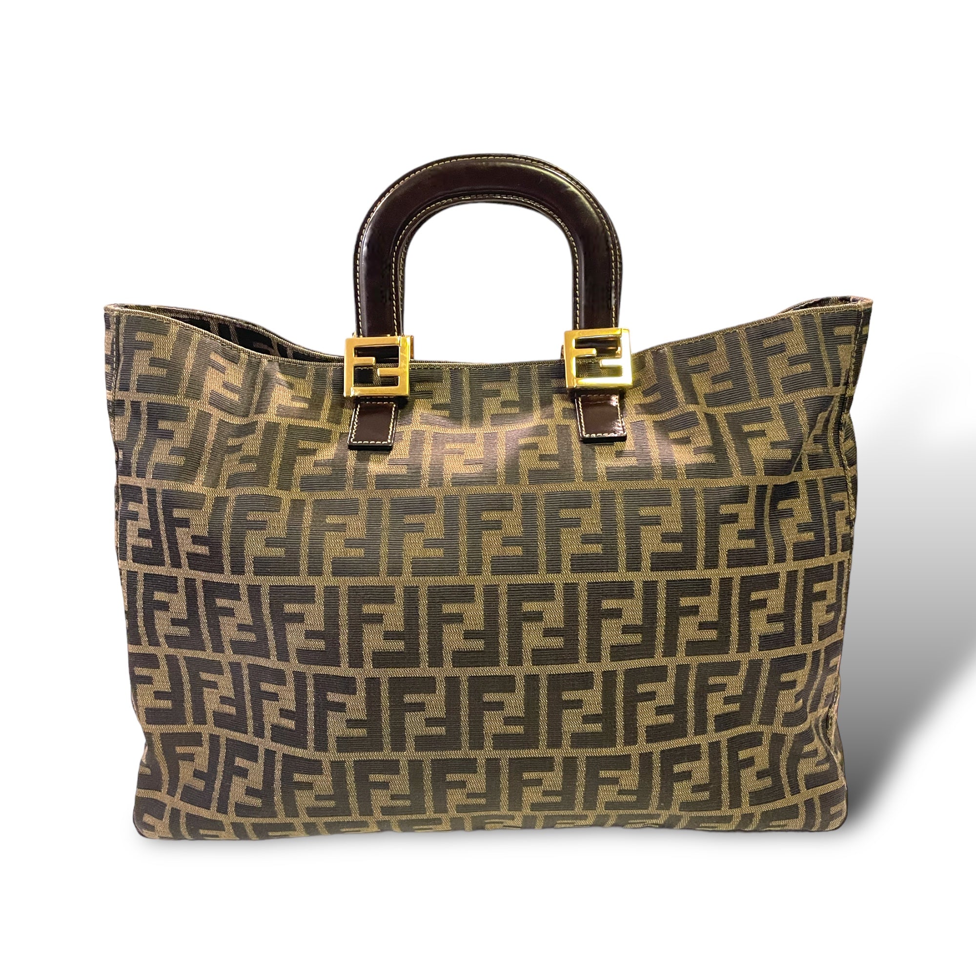 FENDI Brown Zucca Canvas & Calfskin Leather RARE & GORGEOUS Vintage LARGE Twin Tote