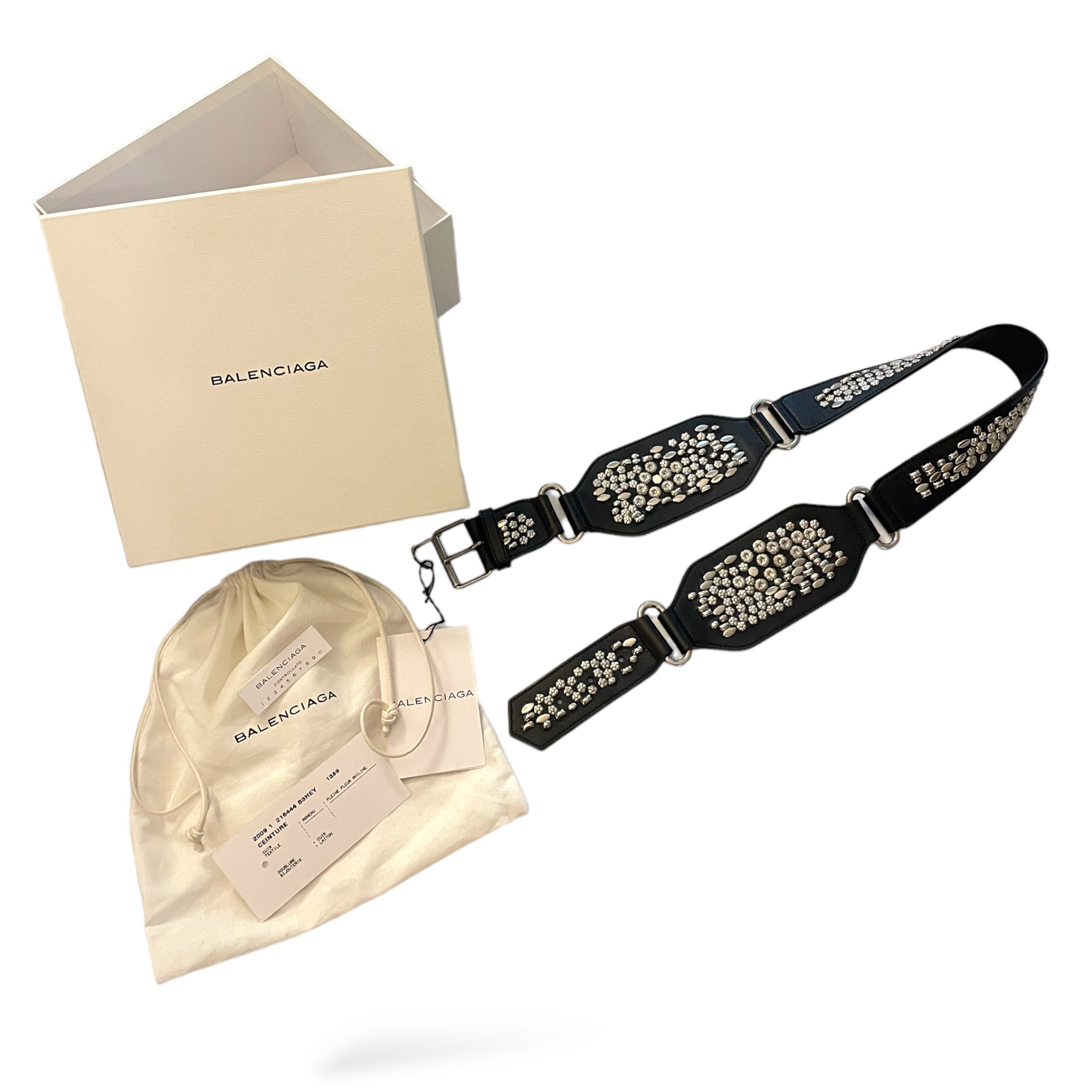 BALENCIAGA PARIS Black Leather Belt with Silver Grommet Accents |SIZE: 85/34|