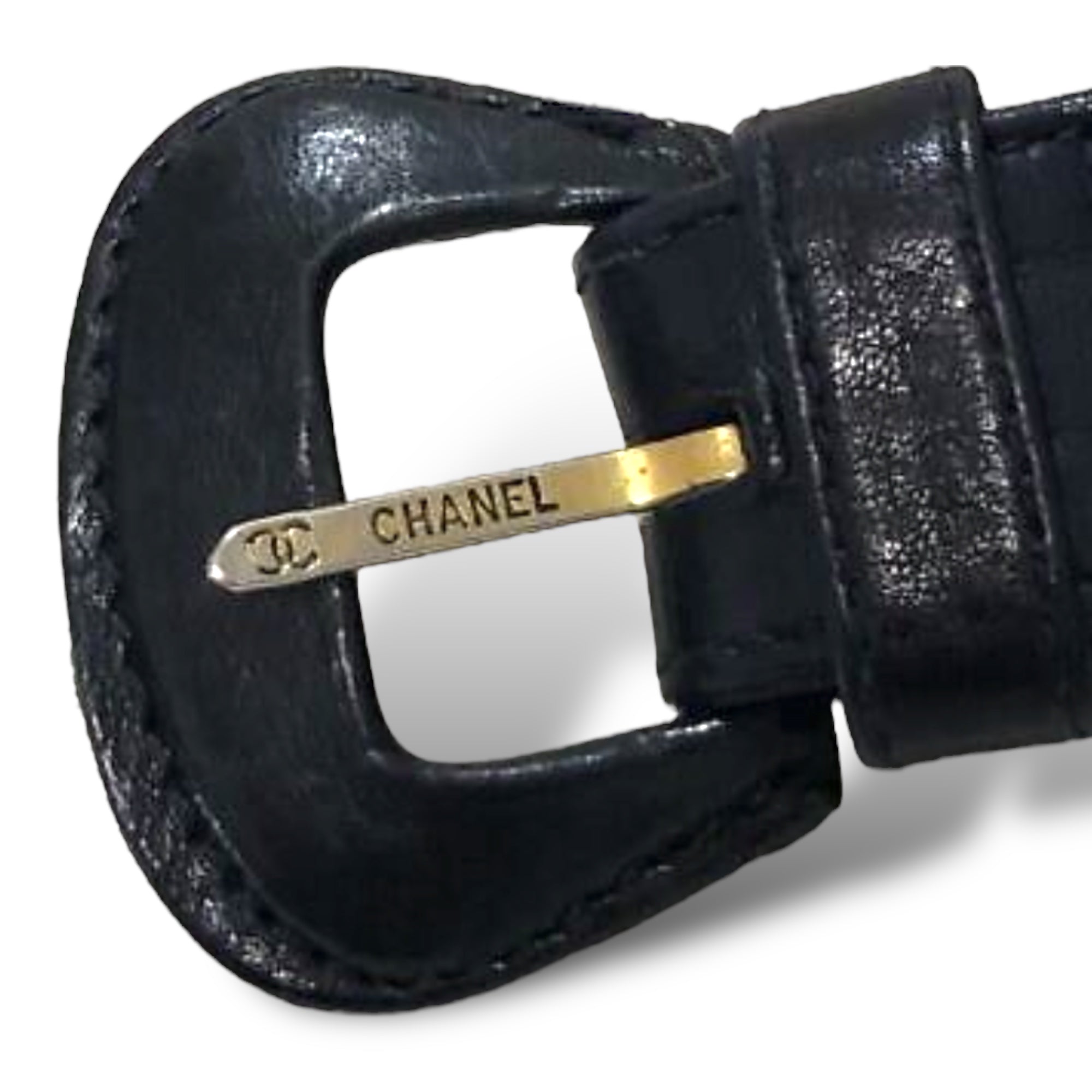 CHANEL Gold Plated Chainlink Motif Vintage Belt in Dark Navy Blue Leather |Size: 65/26|