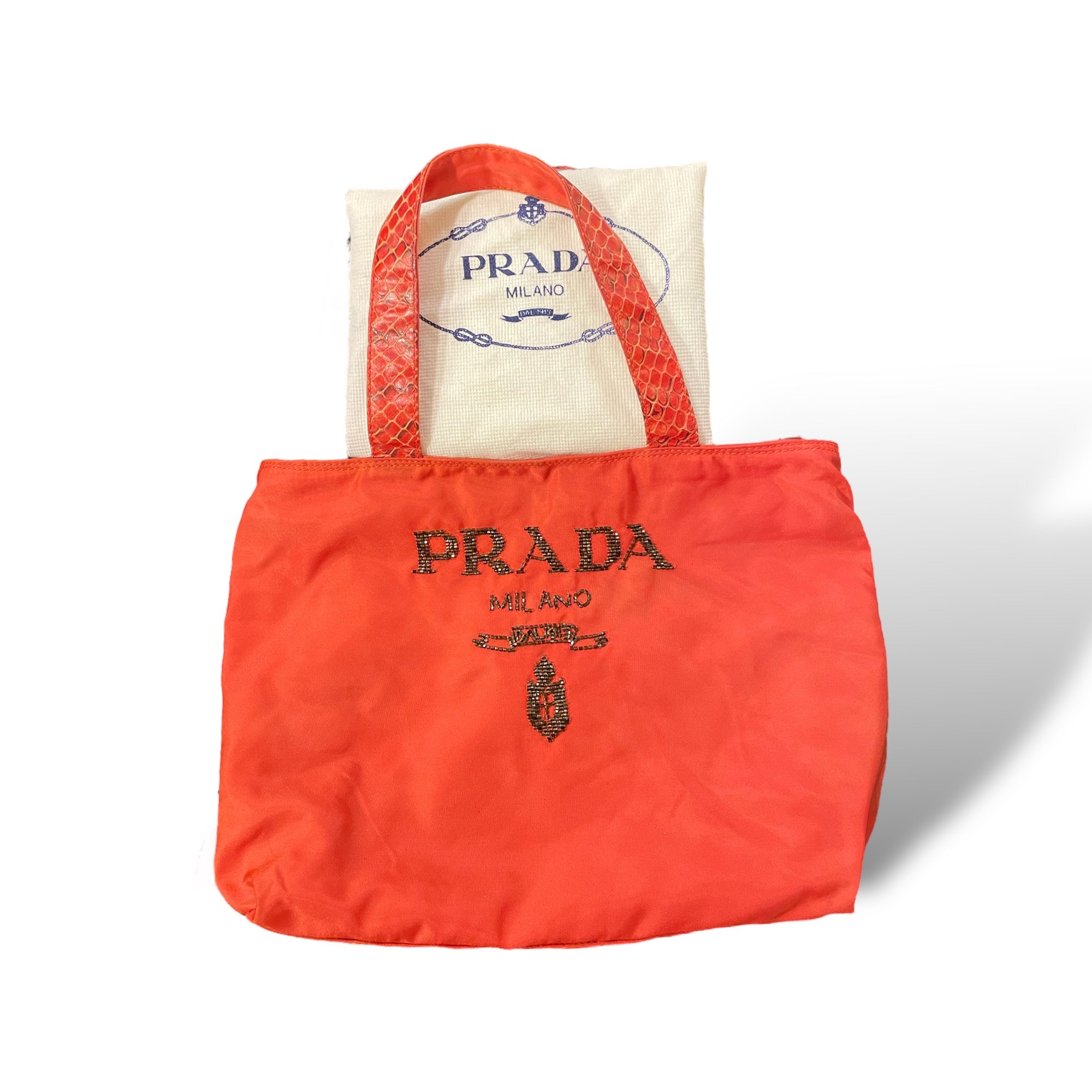 PRADA Tote with Python Handles and Beaded Front Logo