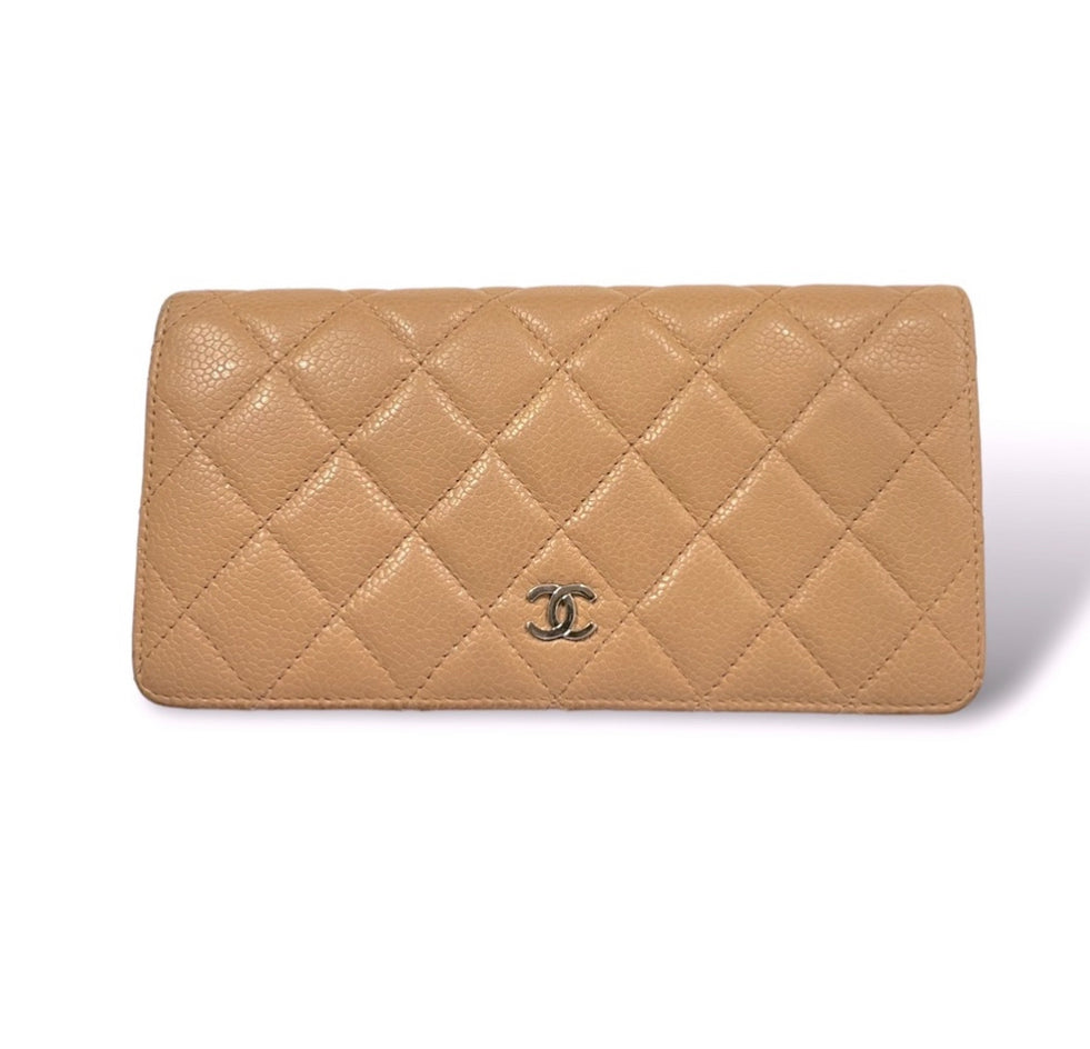 CHANEL L-Yen Wallet Quilted Tan Caviar Leather