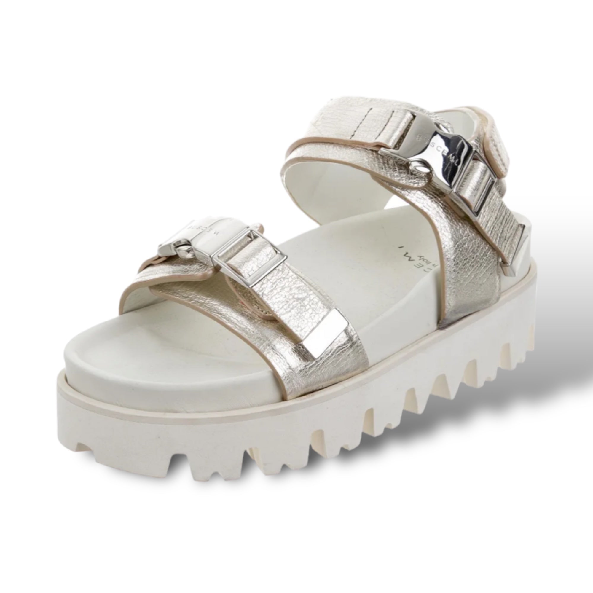 BUSCEMI Metallic Silver Textured Leather Sandalo Buckle Lug Sandals |Size: 36IT|