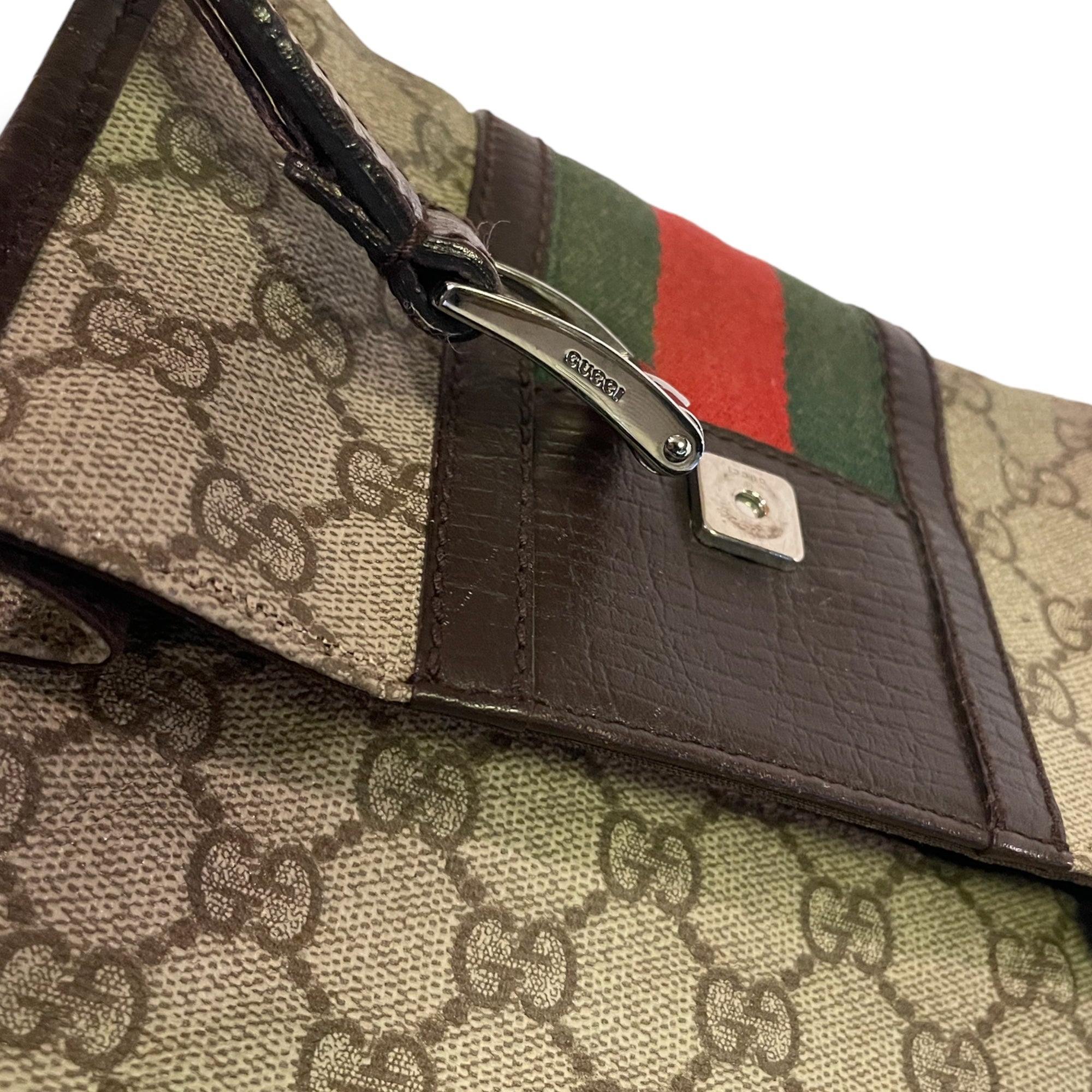GUCCI Monogram with Web Front and Brown Leather Trim Sling/Bum Bag