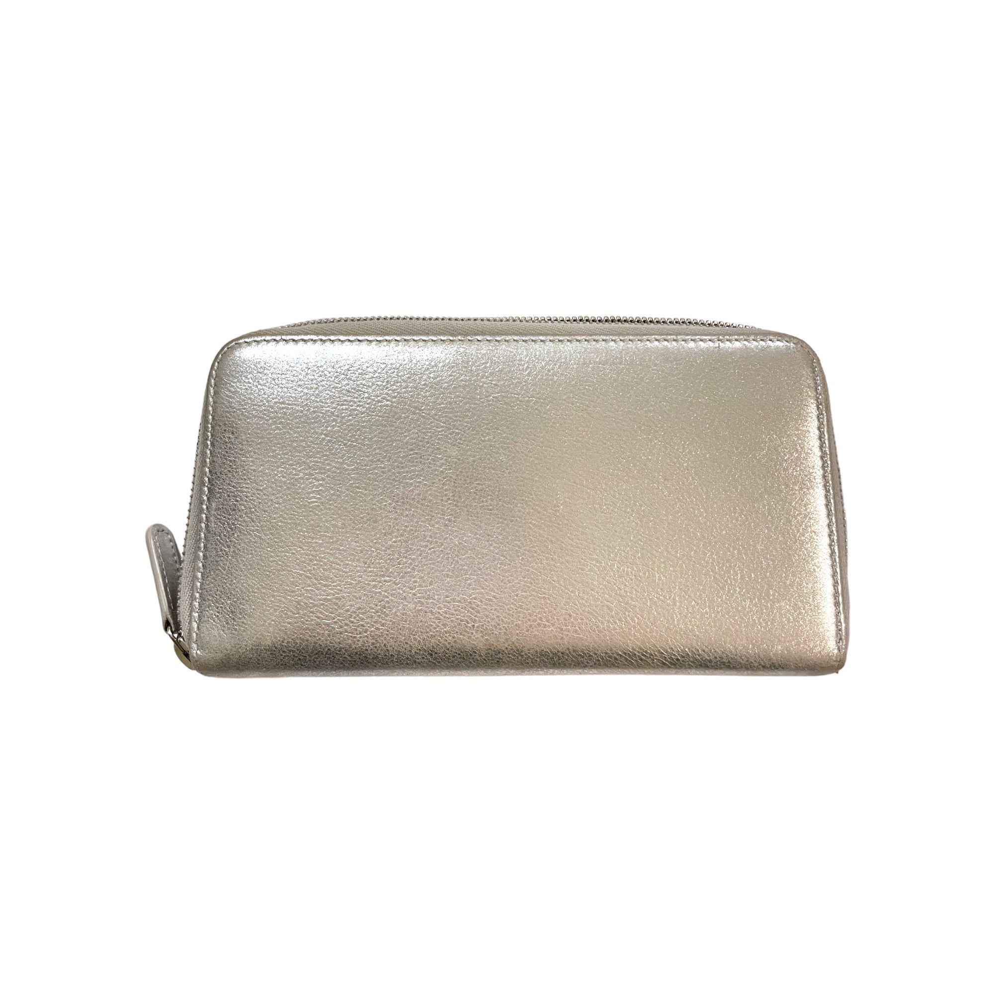CHANEL Metallic Silver Lambskin Leather Wallet Long Zip Wallet