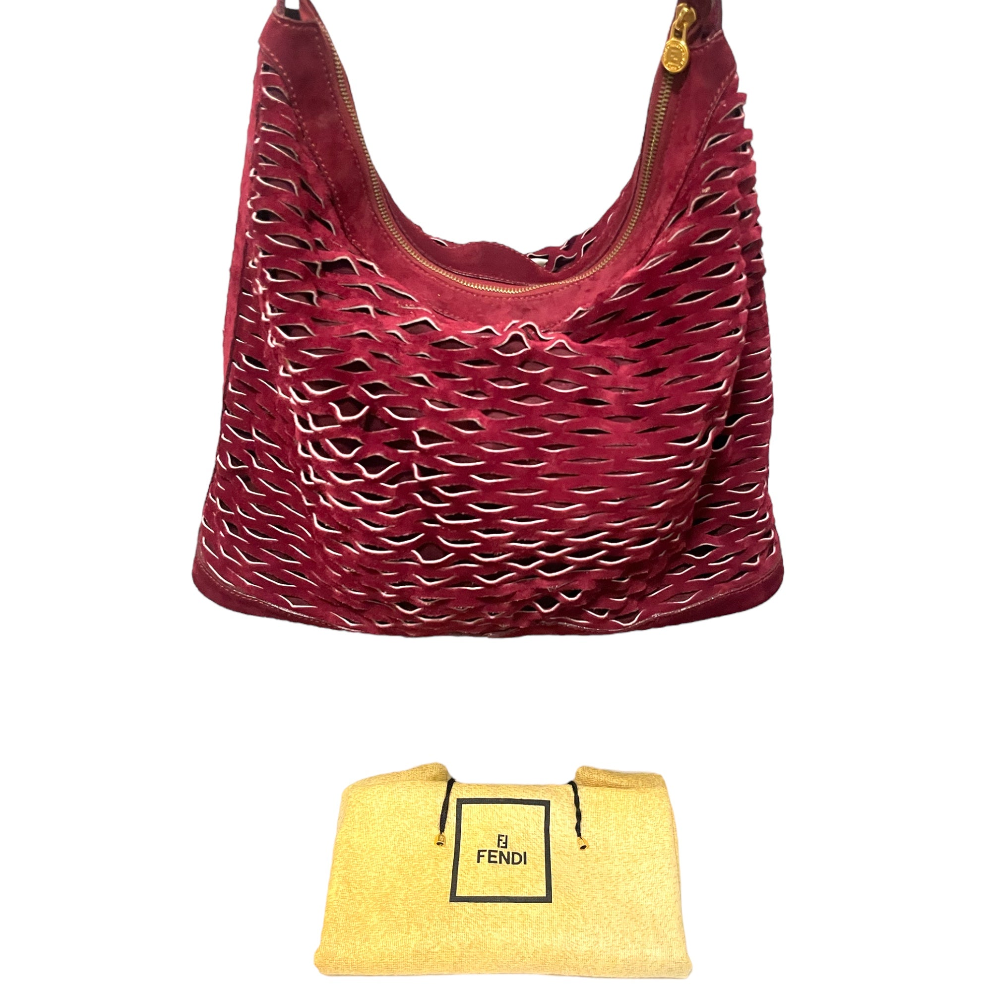 FENDI Vintage Perforated Merlot Suede Bucket/Crossbody Bag with Attached Coin Purse