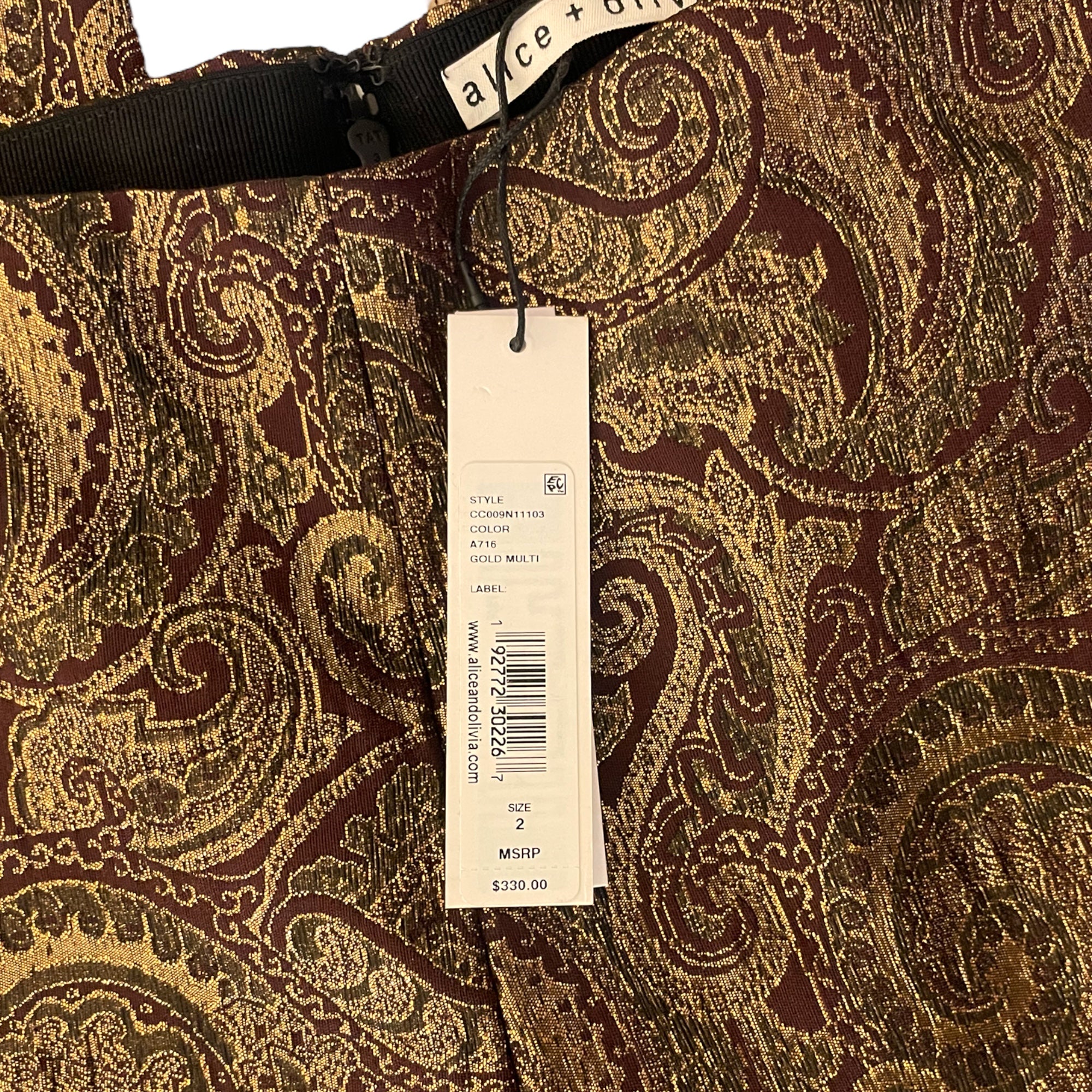 Alice + Olivia Gold Lamè Paisley Printed Straight Leg Pants |Size: 2|