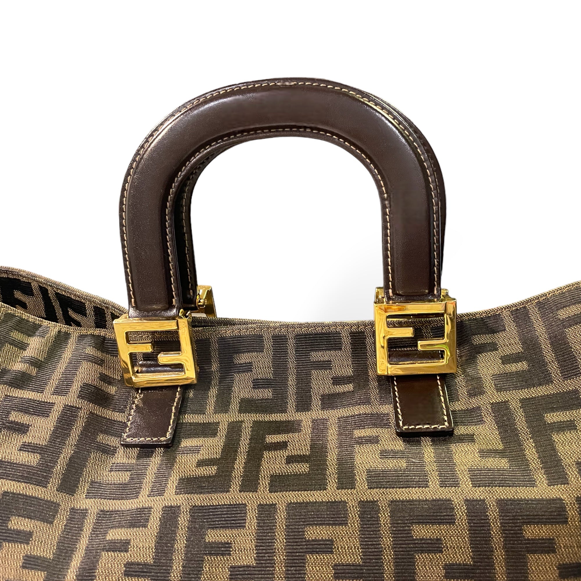 FENDI Brown Zucca Canvas & Calfskin Leather RARE & GORGEOUS Vintage LARGE Twin Tote