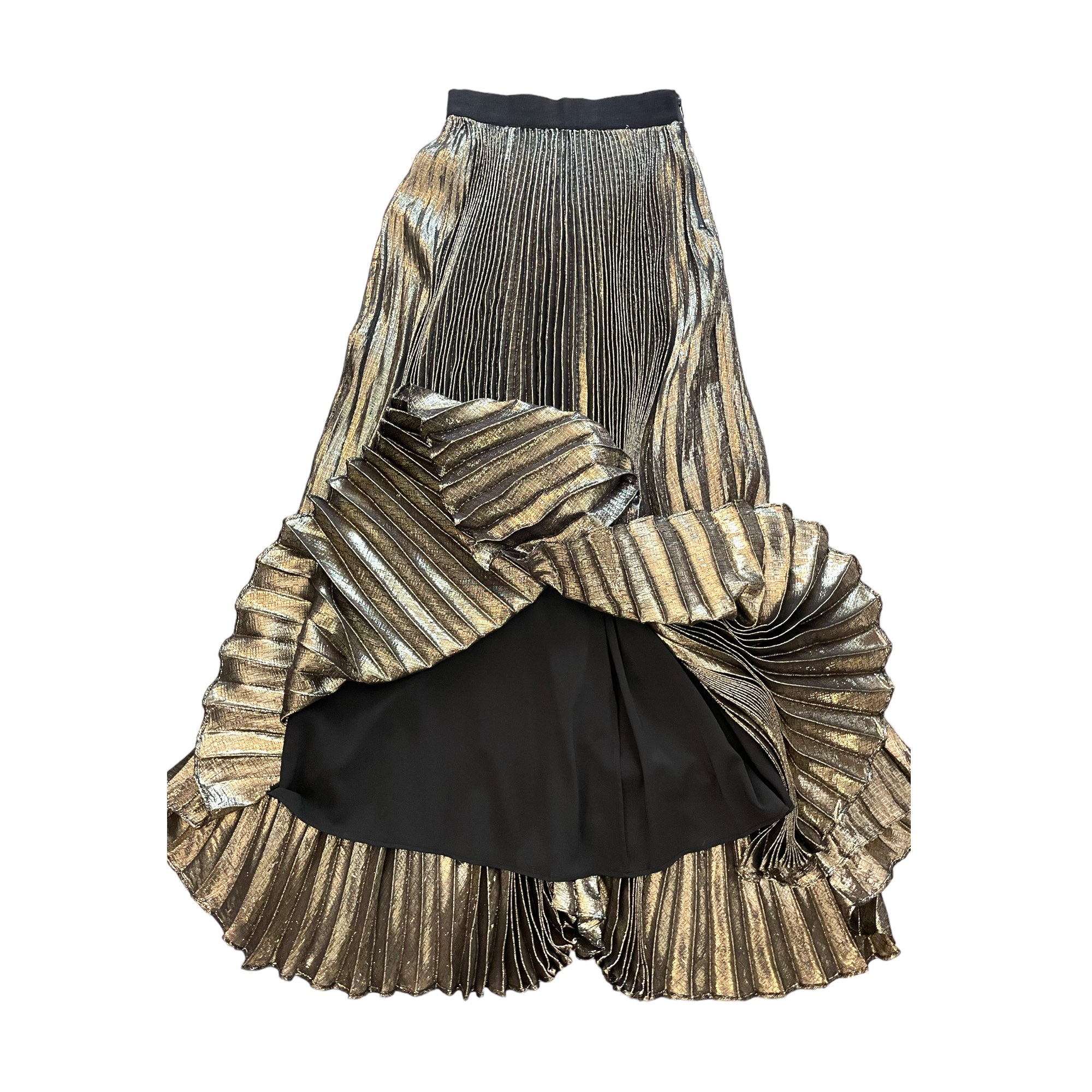 ALICE + OLIVIA Silk Long Gold Lamè Pleated Skirt. |Size: XS | US 0|