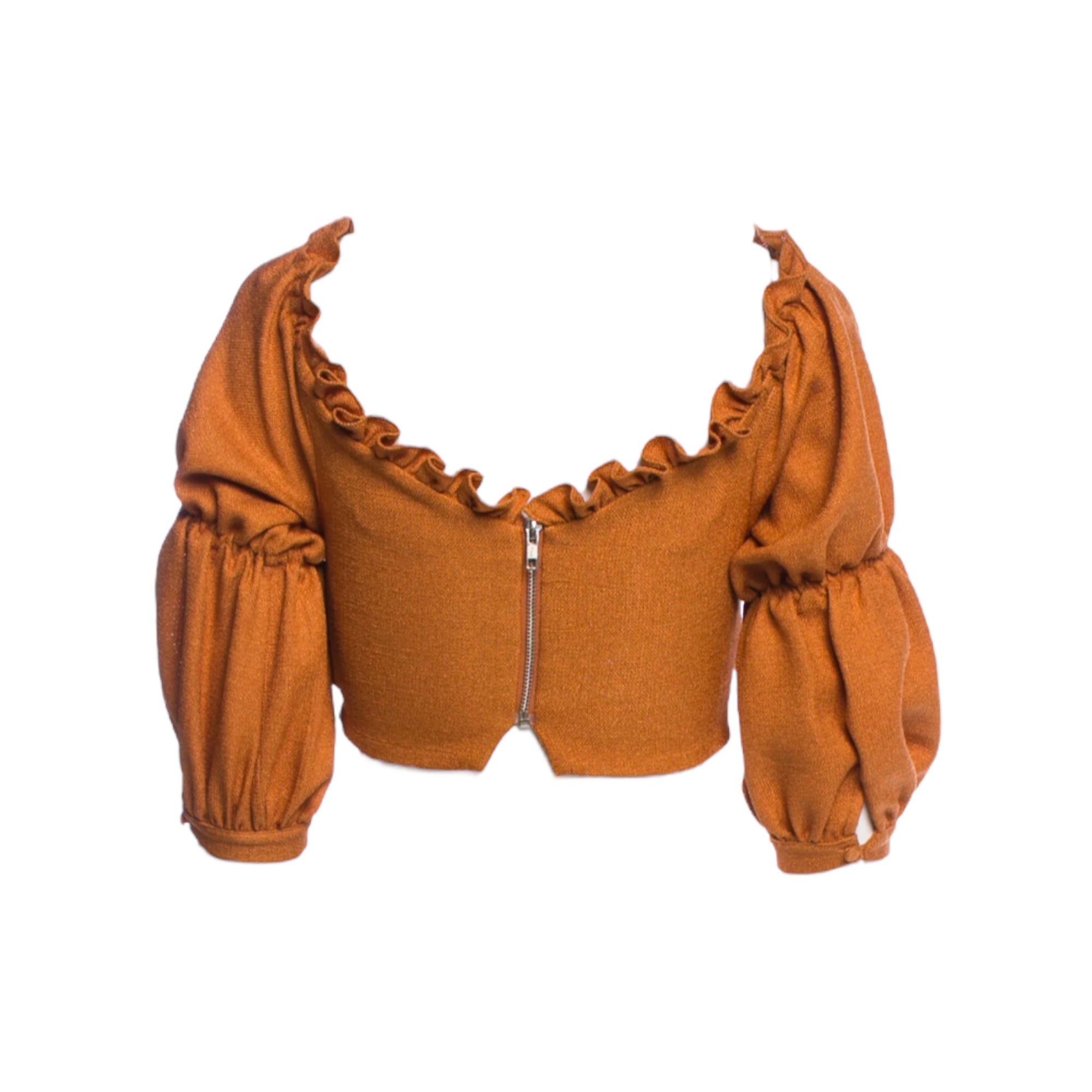 PATBO Three-Quarter Ruffle Sleeve Crop Top with Keyhole Accents |Size: XS|