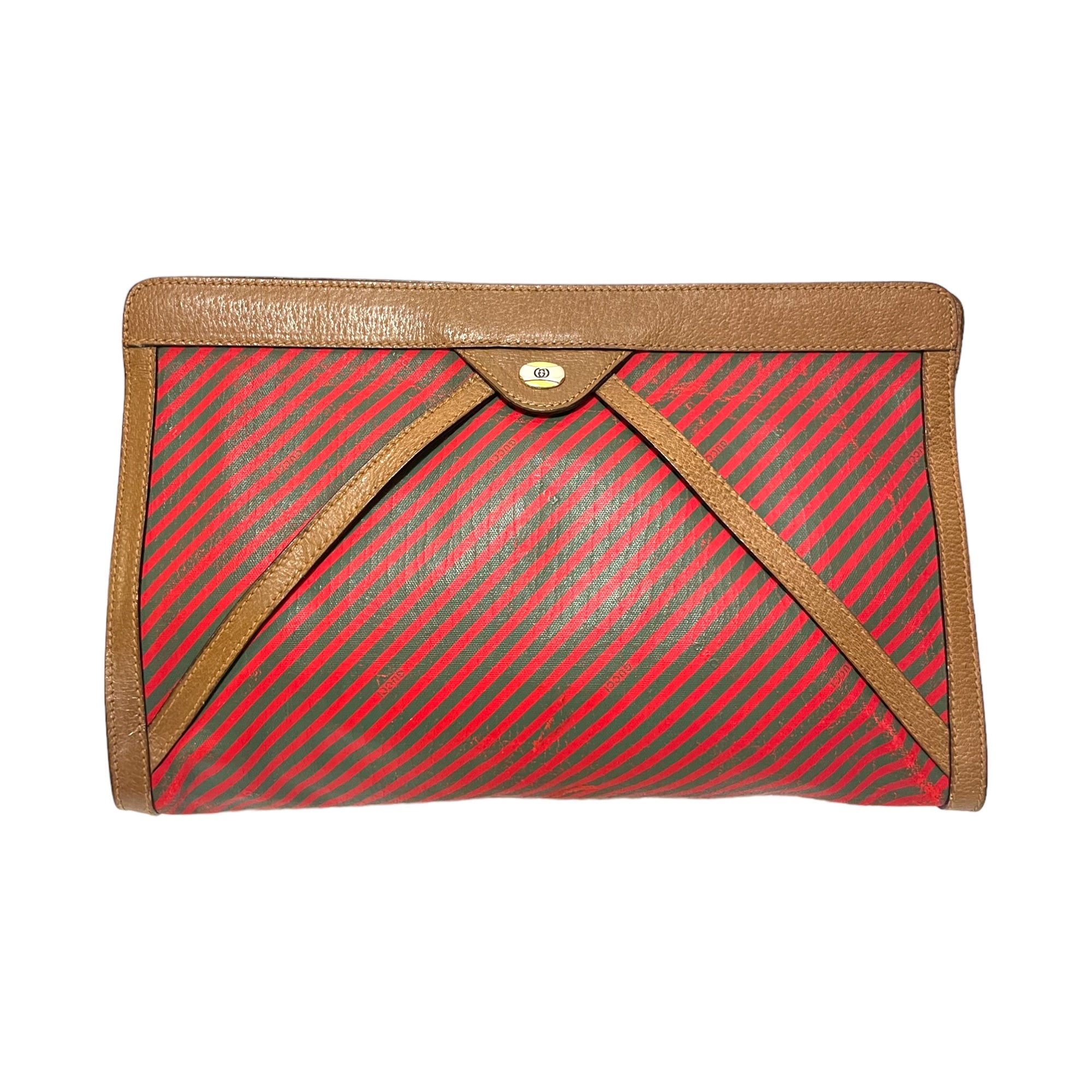 GUCCI Vintage Green & Red Classic Web Motif Print Pouch with Leather Trim