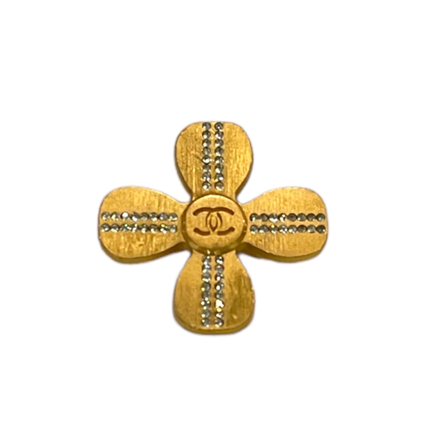 CHANEL Vintage Gold & Crystal CC Logo Clover 🍀 Brooch