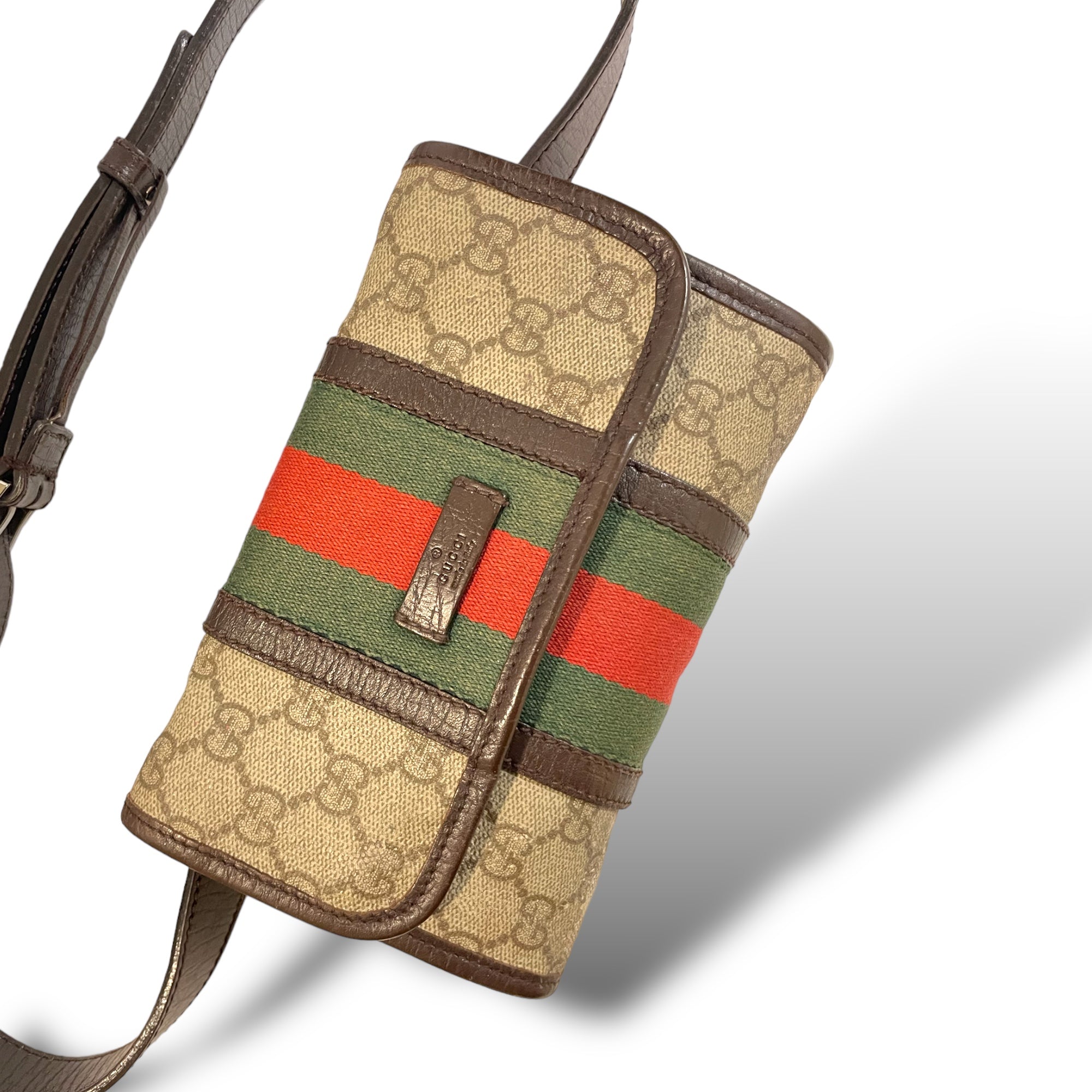GUCCI Monogram with Web Front and Brown Leather Trim Sling/Bum Bag