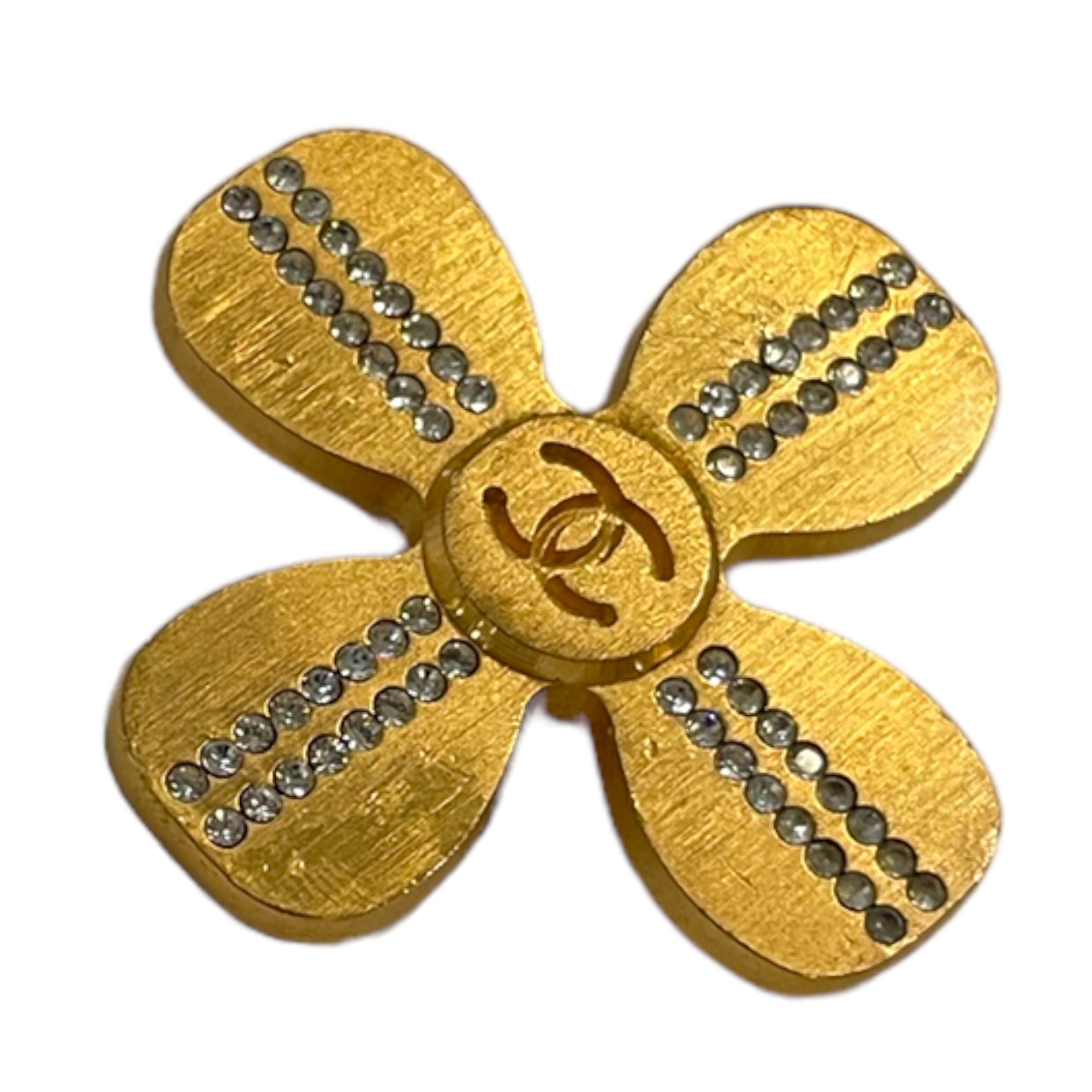 CHANEL Vintage Gold & Crystal CC Logo Clover 🍀 Brooch