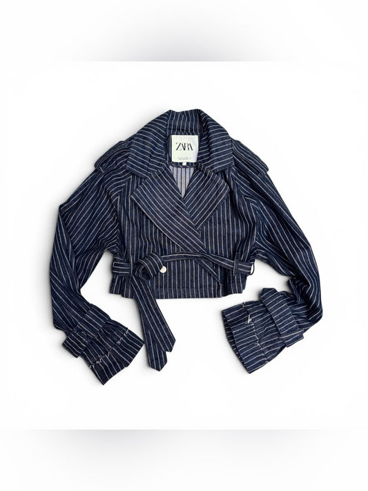 Zara ZARA Navy Pinstripe Cropped Trench Blazer