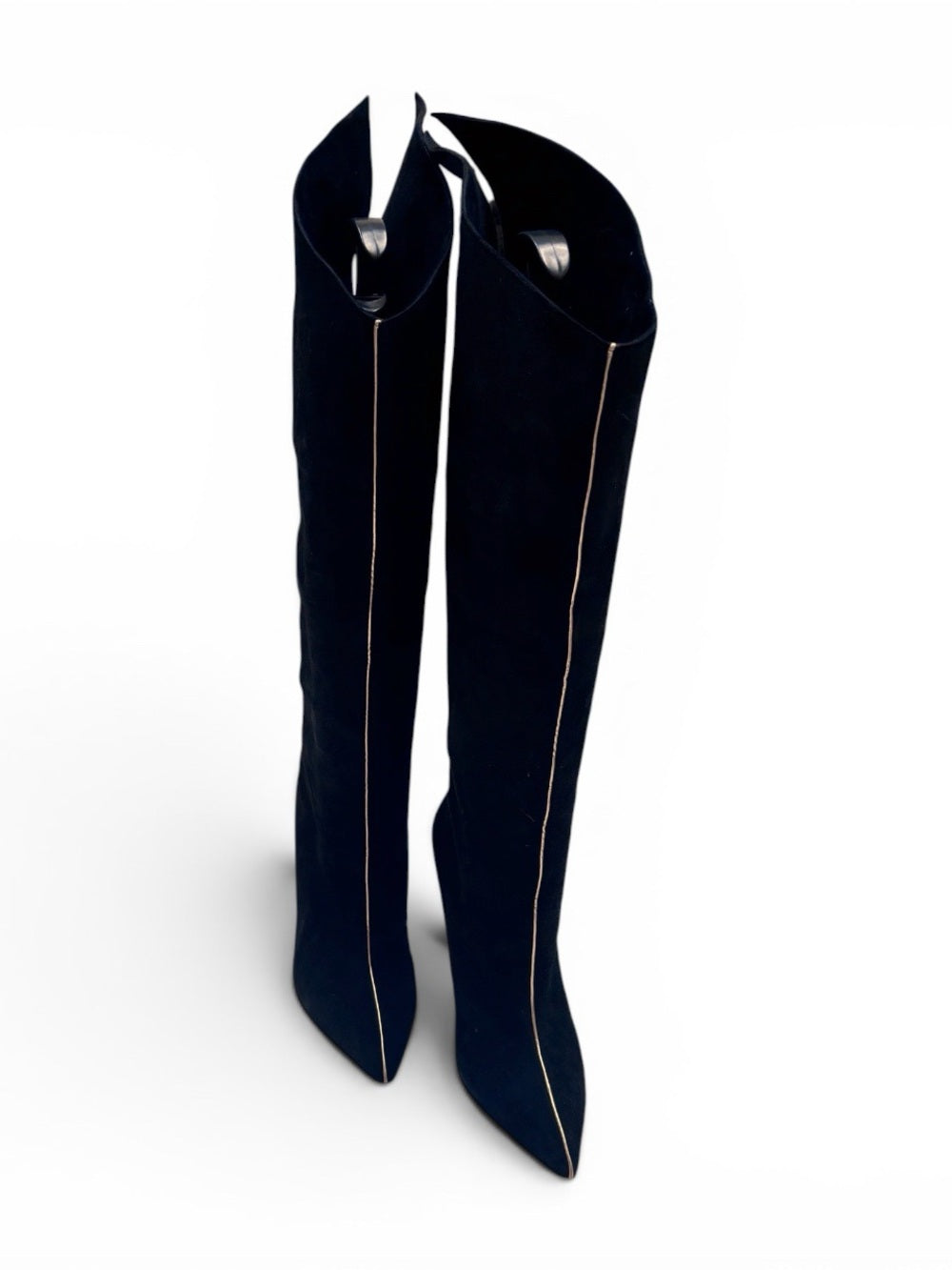 Paul Andrew Paul Andrew Black Over-the-Knee Pointed Toe Boots with Gold Piping