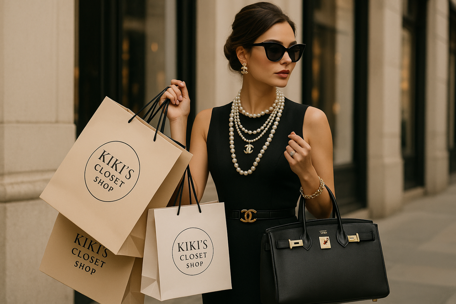 trendy woman with chanel jewelry and accessories, hermes birkin bag, and shopping bags with my website logo and name on them