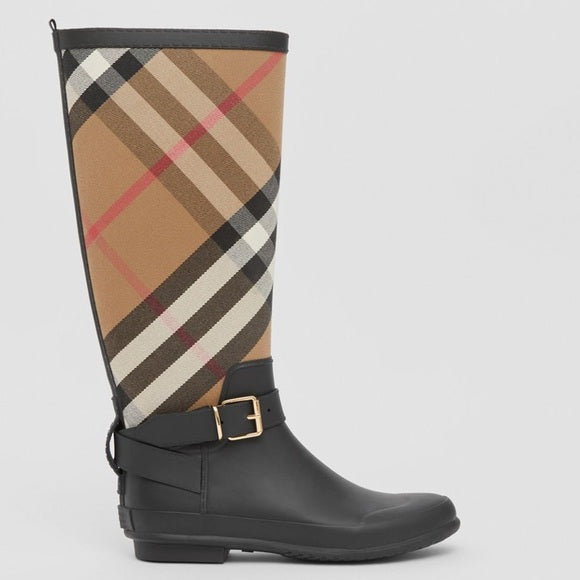 BURBERRY Strap Detail House Check and Rubber Rain Boots