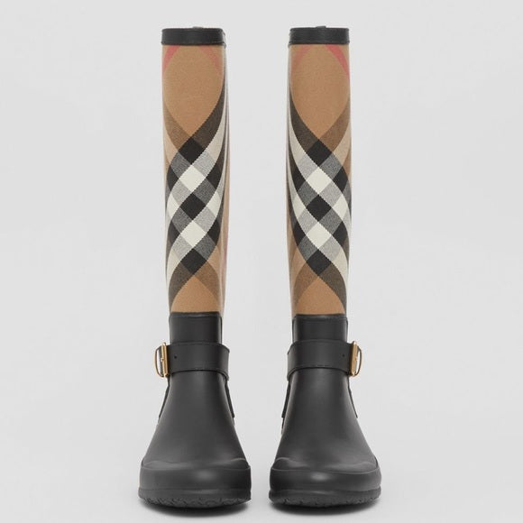 BURBERRY Strap Detail House Check and Rubber Rain Boots